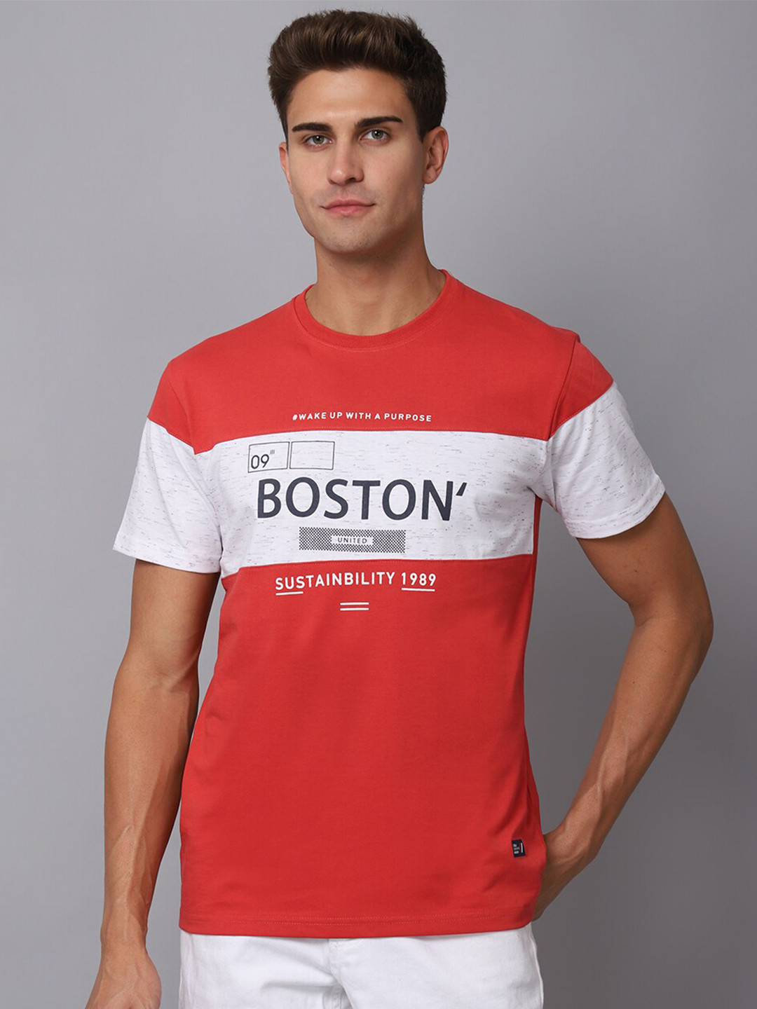 Cantabil Men Coral & madder lake Typography Colourblocked Applique T-shirt