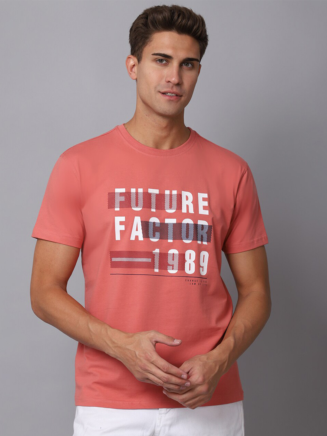 Cantabil Men Coral & crabapple Typography Printed T-shirt