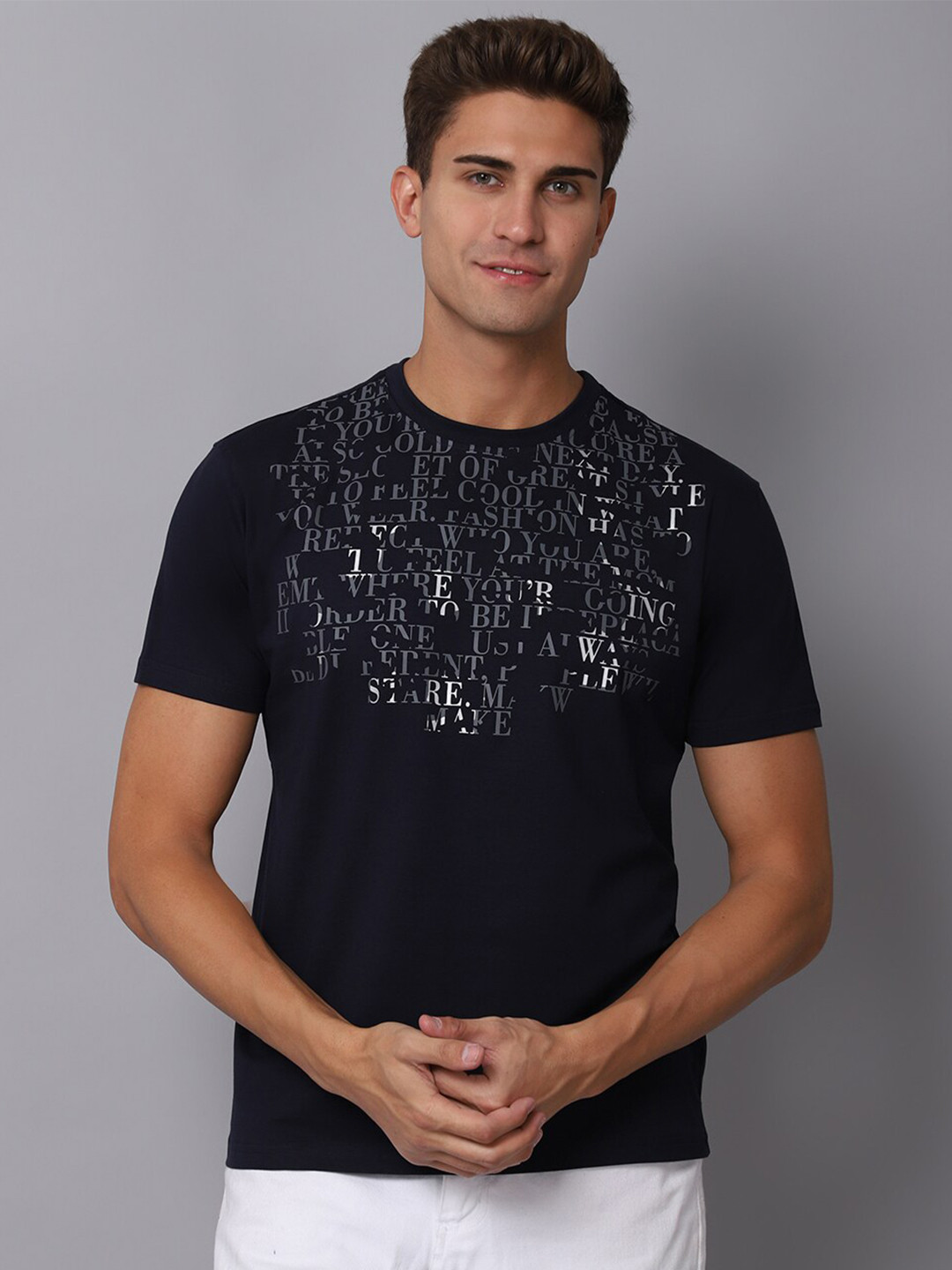 Cantabil Men Navy Blue & french middle red purple Typography Printed T-shirt