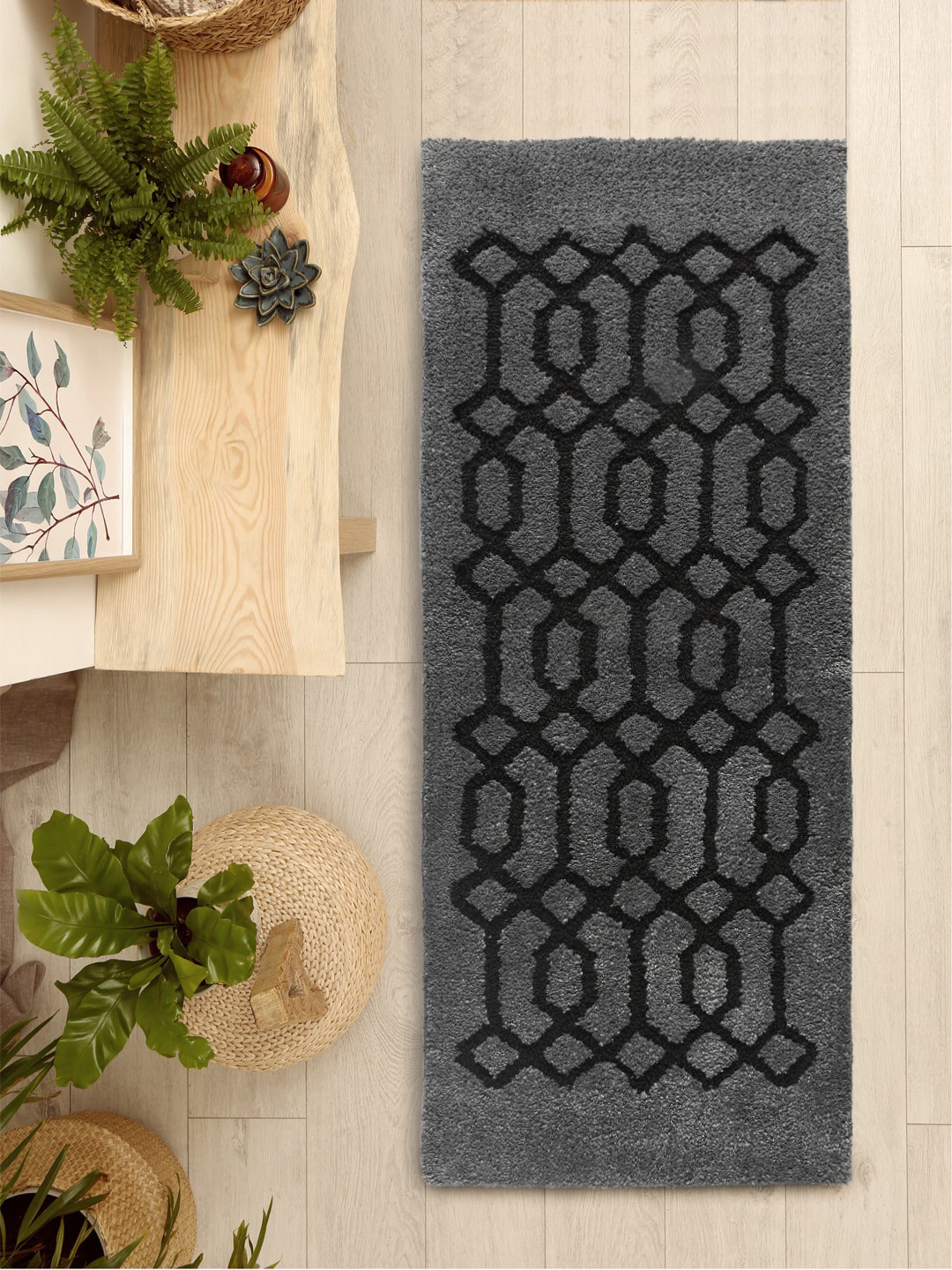 Saral Home Grey Floral Printed Cotton Floor Runners