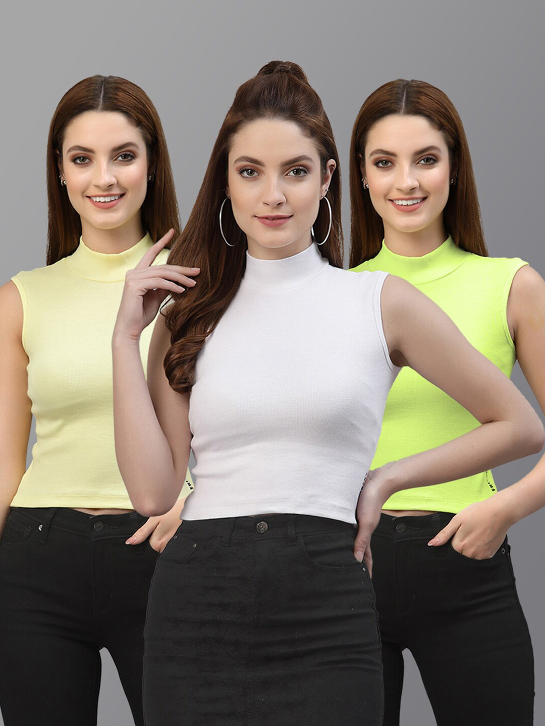 Friskers Pack of 3 Solid Sleeveless Knitted Crop Tops