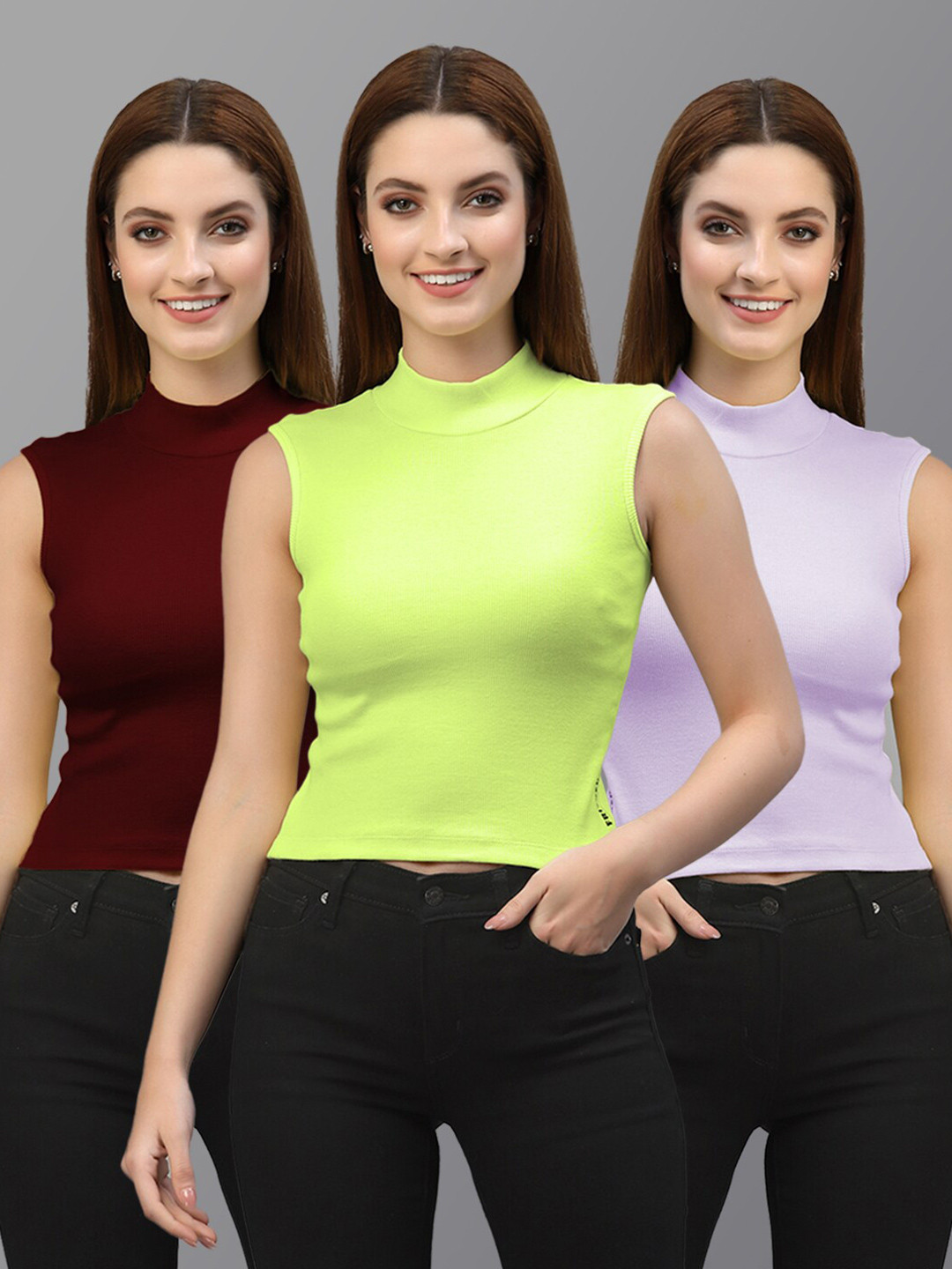 Friskers Pack of 3 Solid Sleeveless Knitted Crop Tops