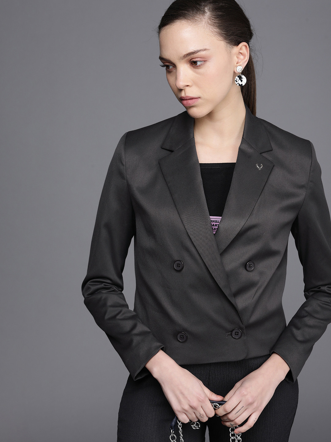 Allen Solly Woman Women Grey Solid Single-Breasted Formal Blazer