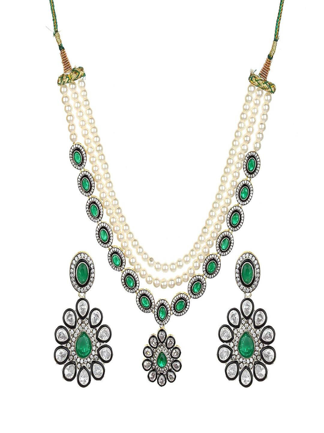 Runjhun Gold-Plated White & Green AD Stone-Studded Layered Jewellery Set