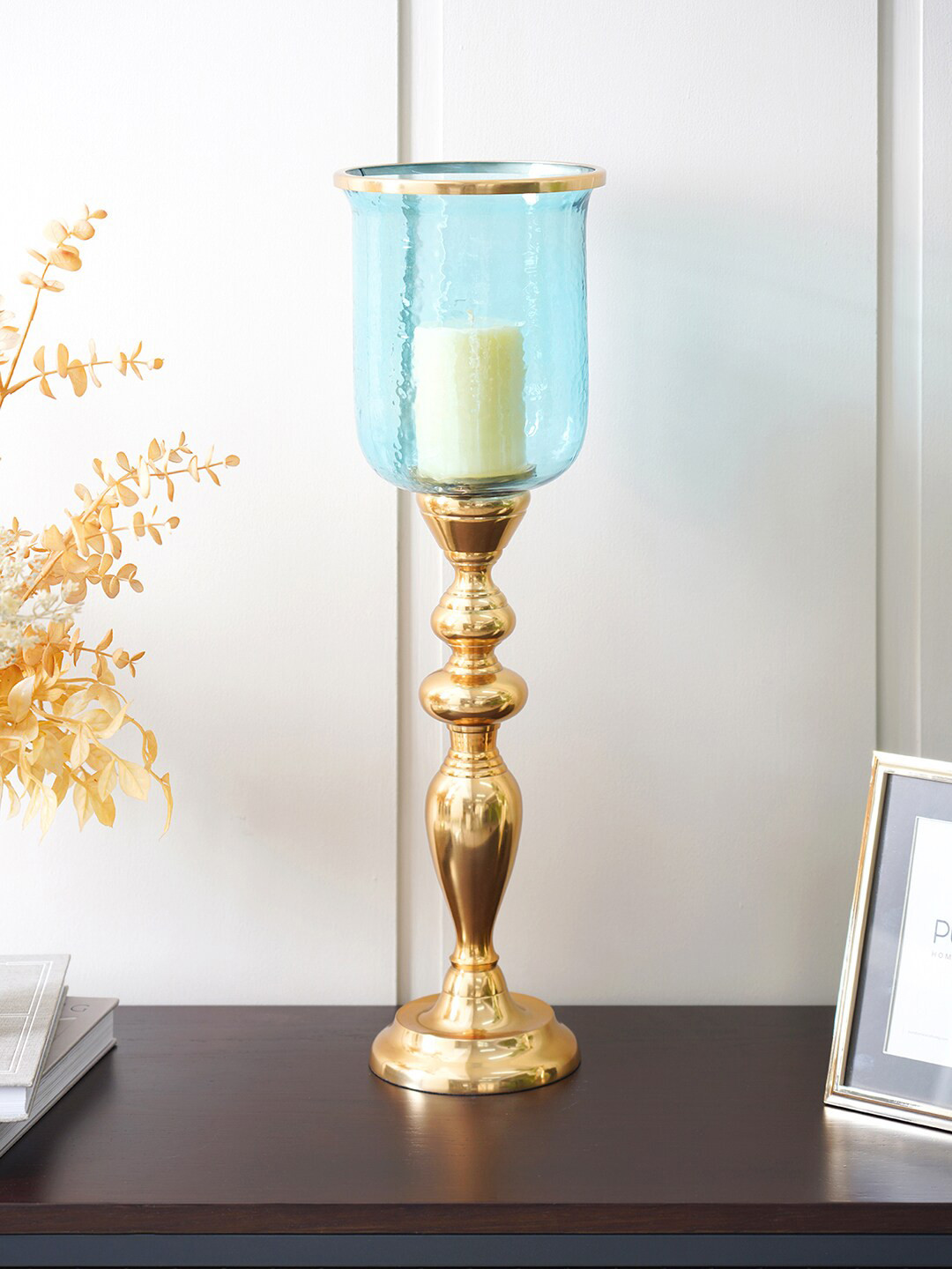 Pure Home and Living Blue & Gold-Toned Solid Suzan Small Hurricane Candle Holder