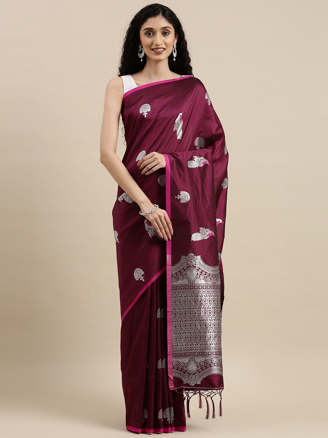 Pandadi Saree Purple & Silver-Toned Woven Design Zari Silk Blend Banarasi Sarees