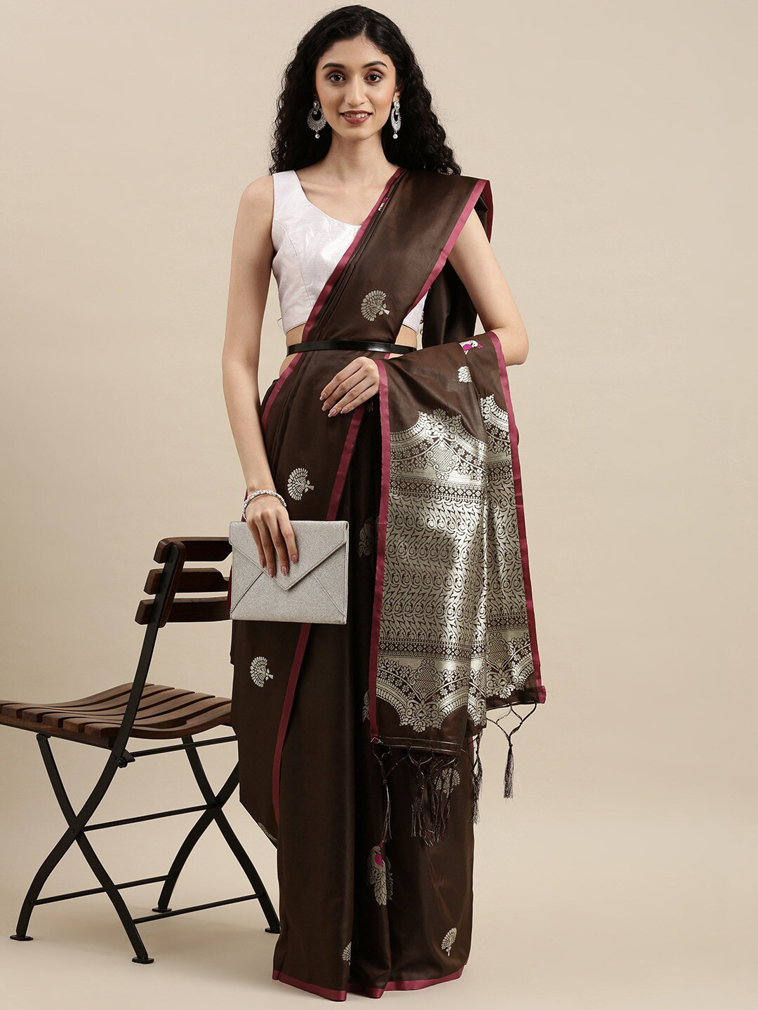 Pandadi Saree Brown & Gold-Toned Woven Design Zari Silk Blend Banarasi Sarees