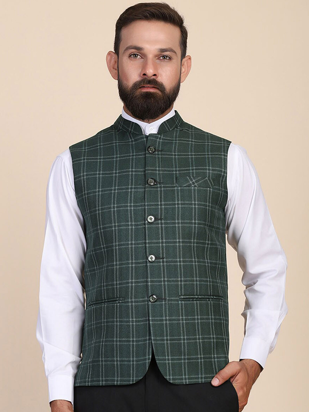 TAHVO Men Green Checked Nehru Jackets