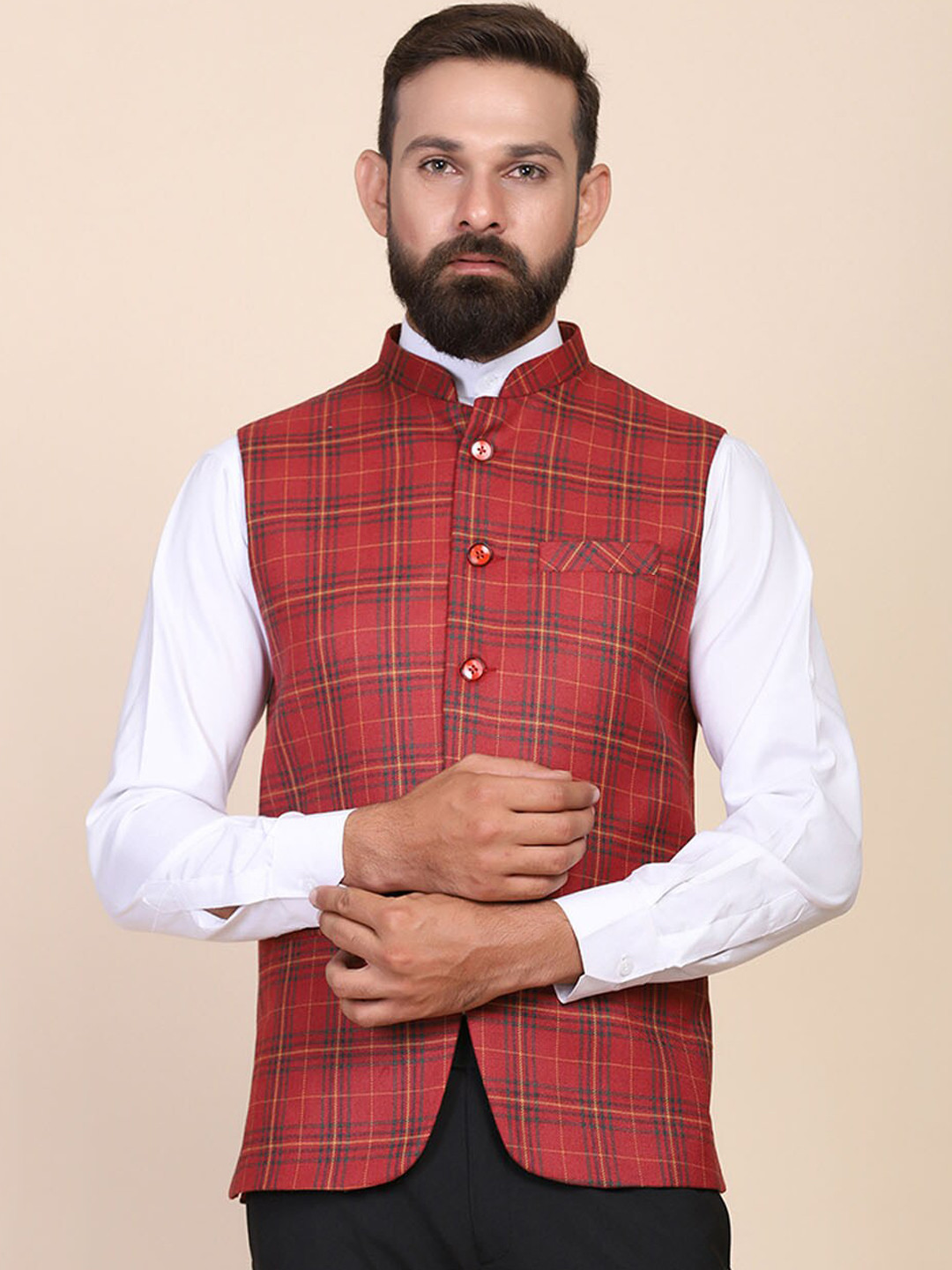 TAHVO Men Red Checked Nehru Jacket