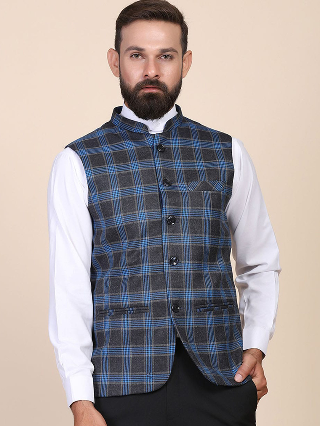 TAHVO Men Blue Checked Woven-Design Nehru Jacket