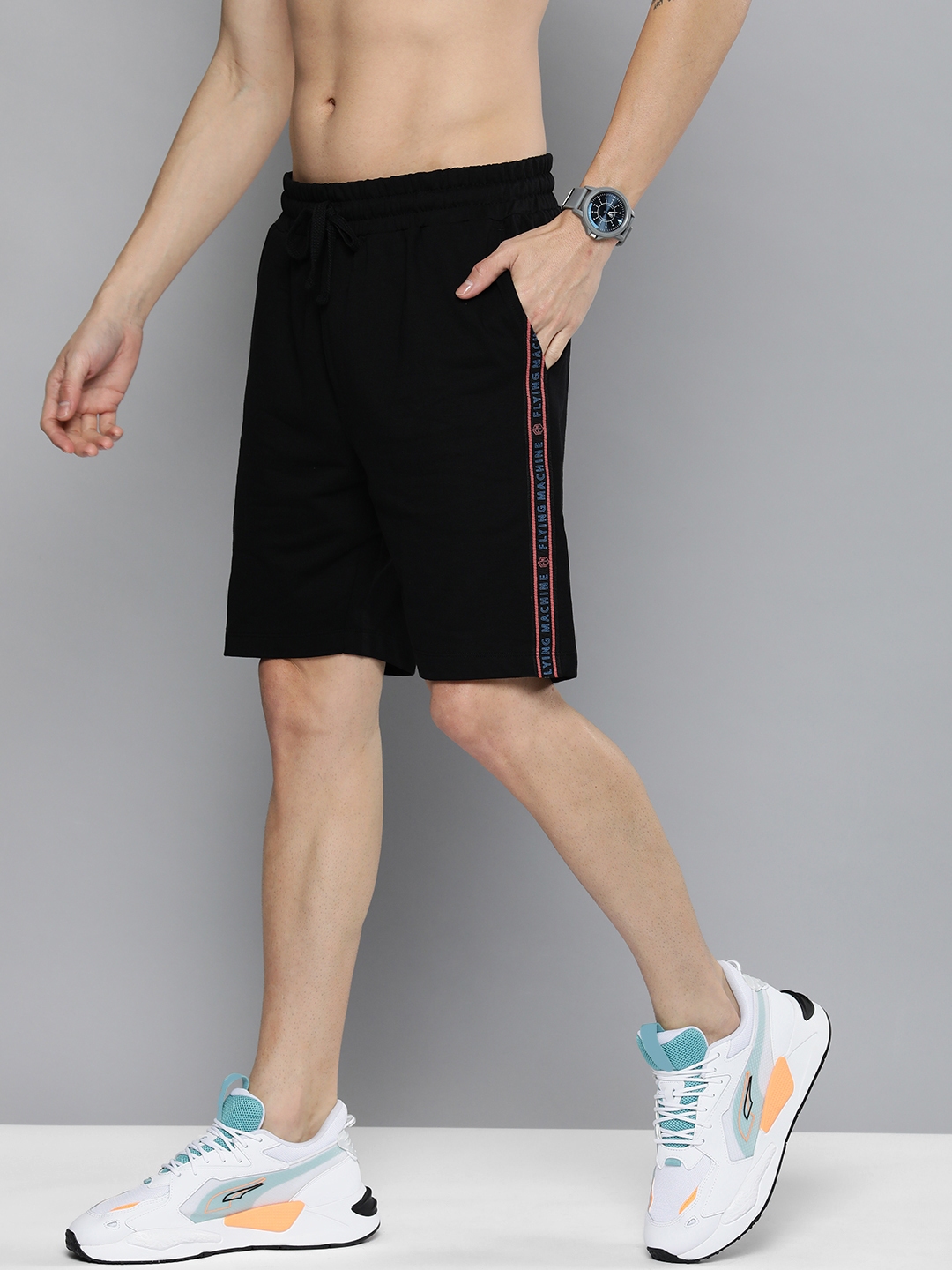 Buy Flying Machine Men Black Slim Fit Regular Shorts With Side