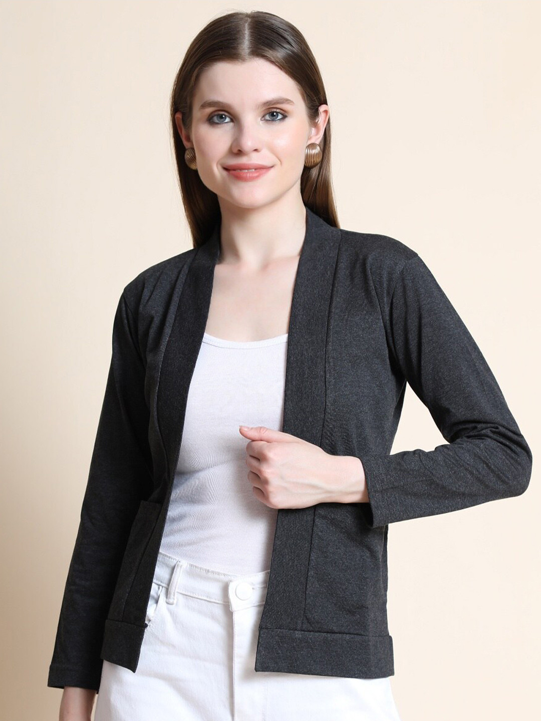 TEEMOODS Women Charcoal Monochrome Shrug