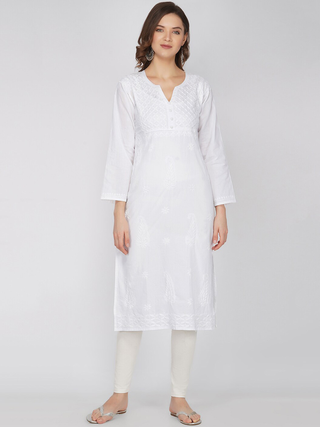 VAHSON Women White & bright gray Embroidered Chikankari Handloom Kurta