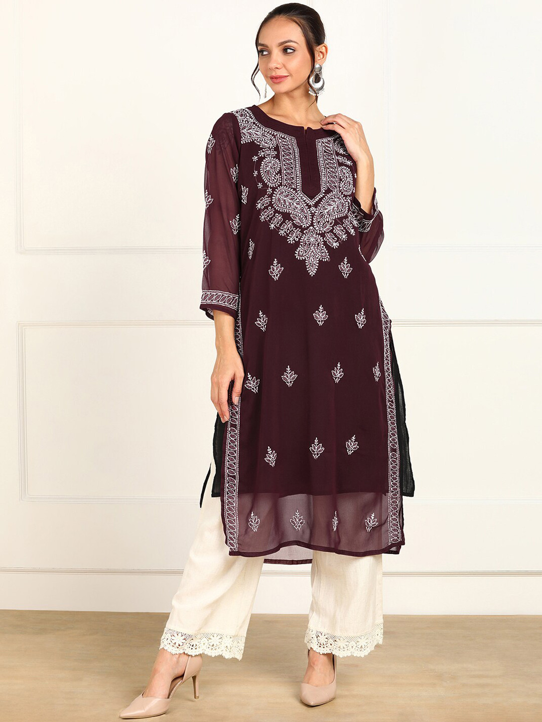 VAHSON Women Violet & chocolate Ethnic Motifs Embroidered Chikankari Georgette Kurta