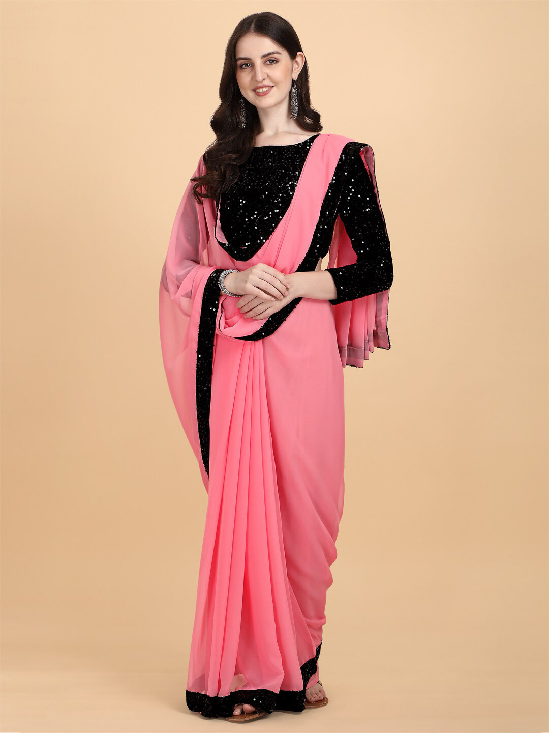 PMD Fashion Pink & Black Embellished Sequinned Pure Georgette Saree