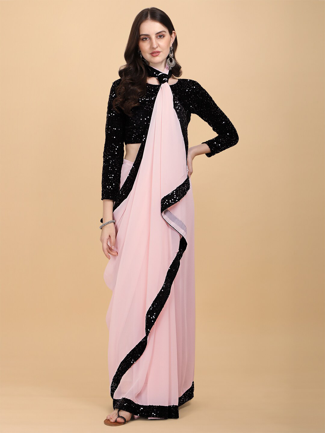 PMD Fashion Peach-Coloured & Black Embellished Sequinned Pure Georgette Saree