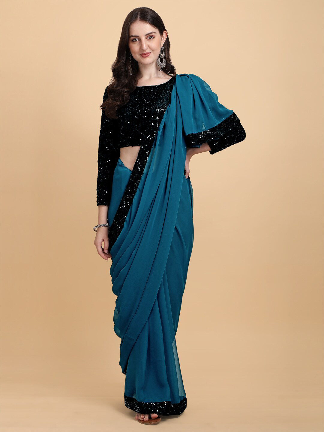 PMD Fashion Turquoise Blue & Black Embellished Sequinned Pure Georgette Saree