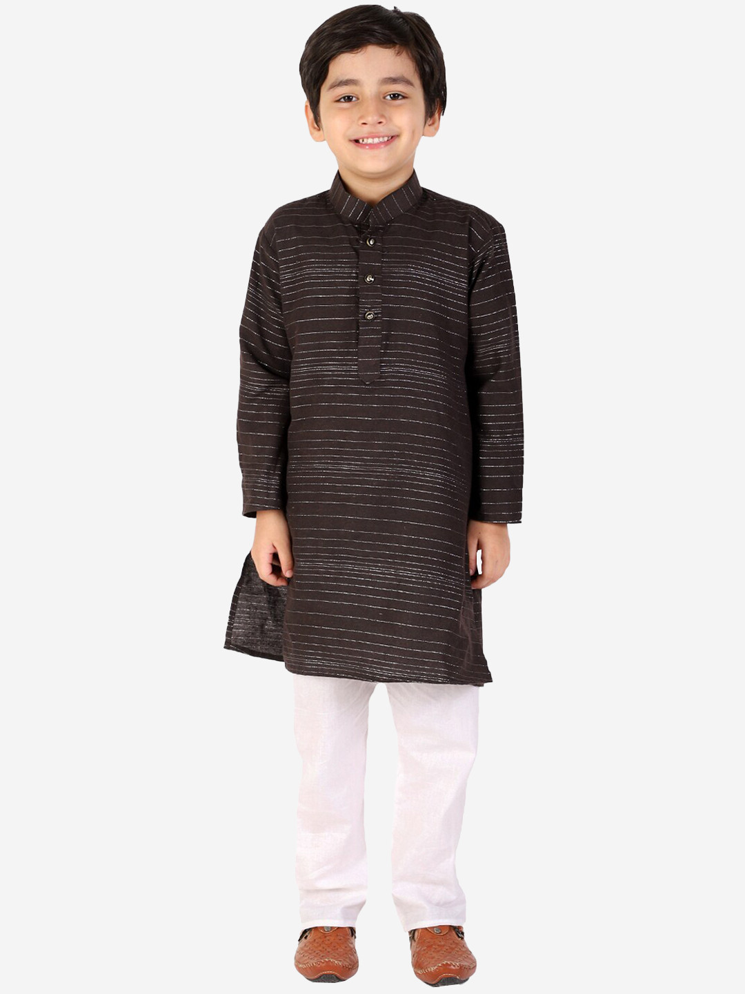 Pro-Ethic STYLE DEVELOPER Boys Brown Pleated Pure Cotton Kurti with Pyjamas