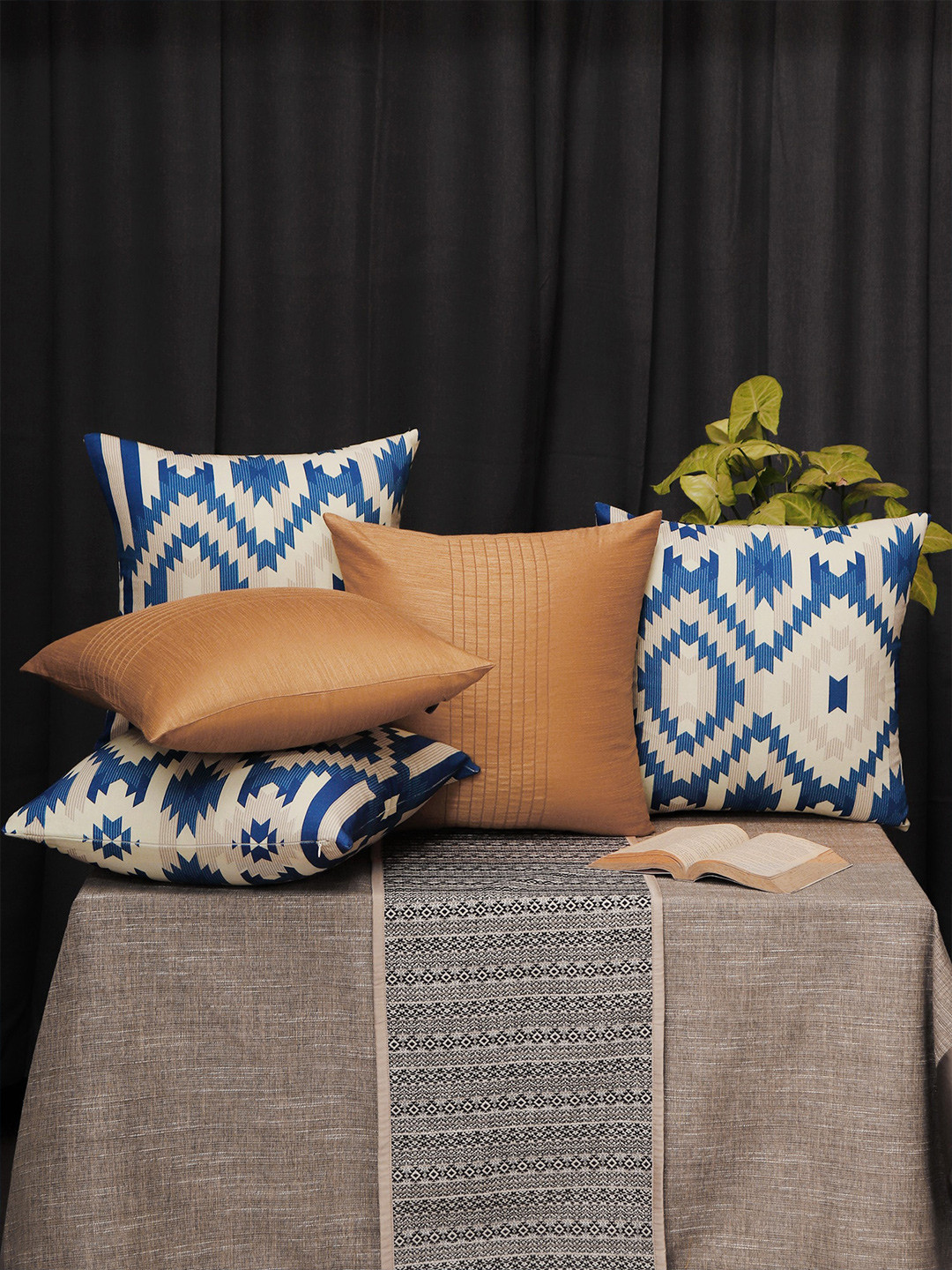 ZEBA Self Design Polycotton Lightweight 5 Pcs Embroidered Square Cushion Covers -16x16In
