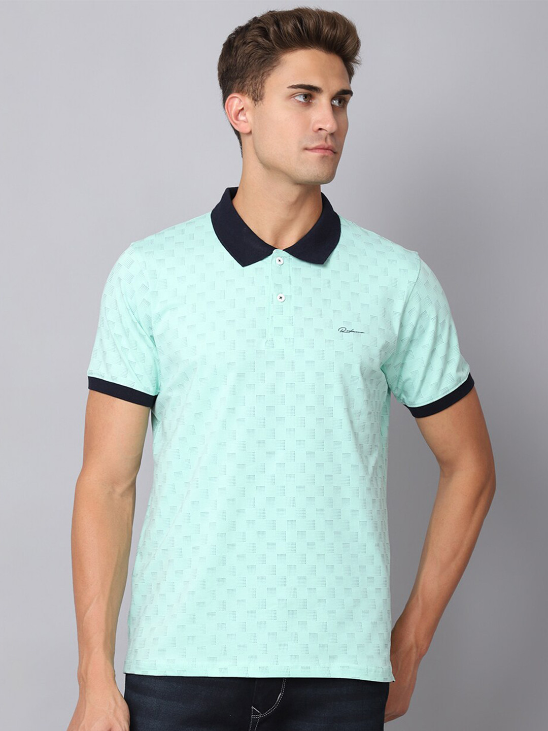 Rodamo Men Green & soothing sea Printed Polo Collar Slim Fit T-shirt