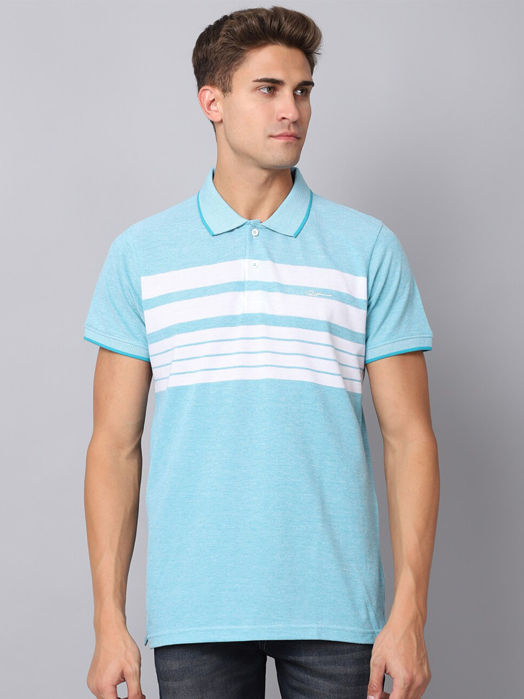 Rodamo Men Multicoloured & tumbleweed Striped Polo Collar Slim Fit T-shirt