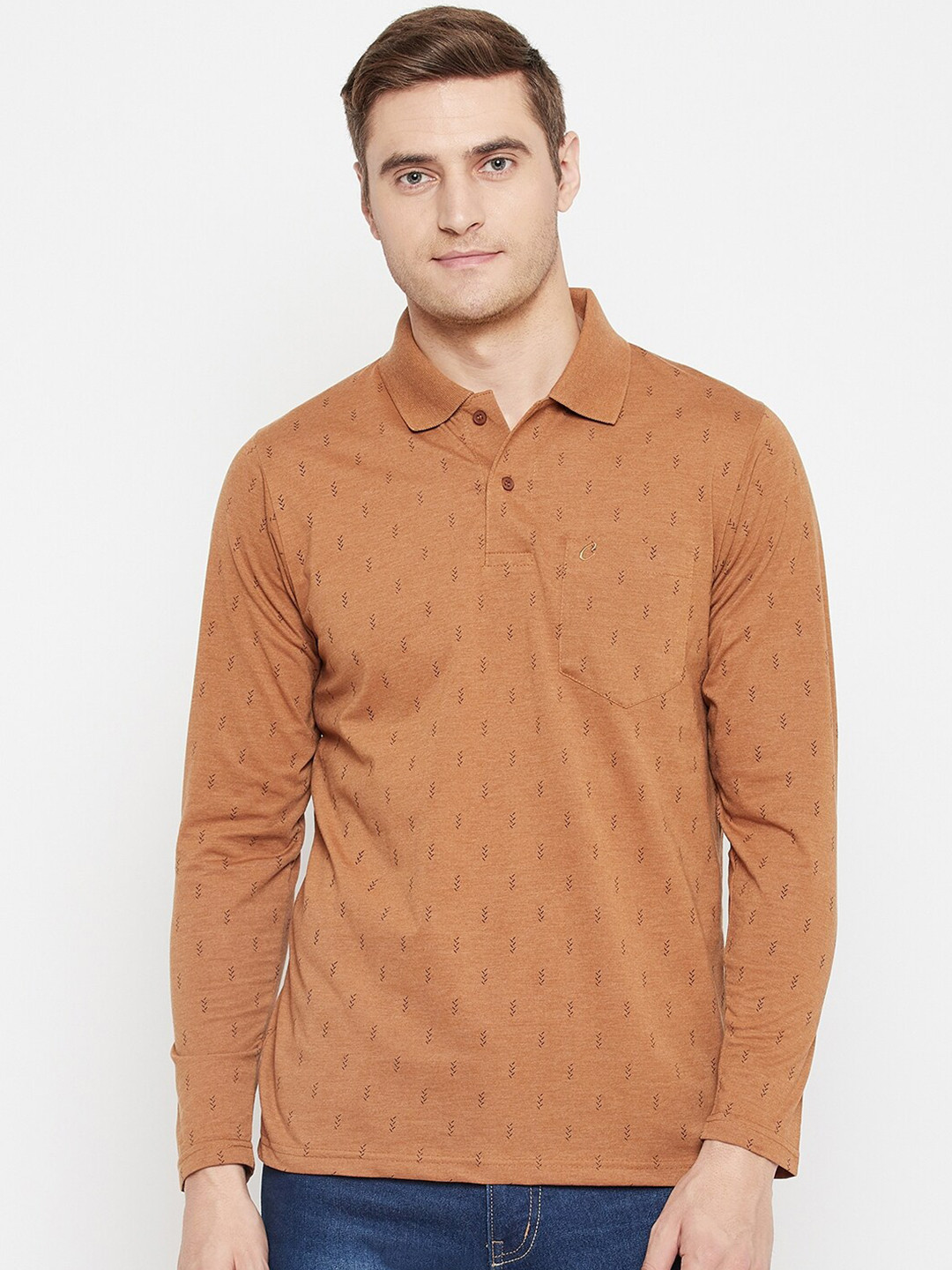 Camey Men Mustard Yellow & khaki Printed Polo Collar T-shirt