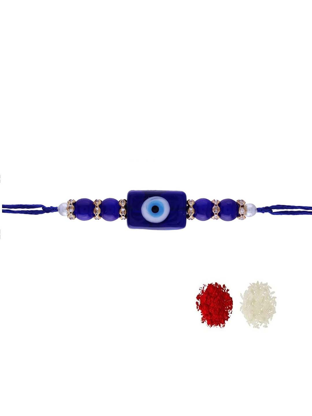 I Jewels Navy Blue & White Beaded & Studded Rakhi