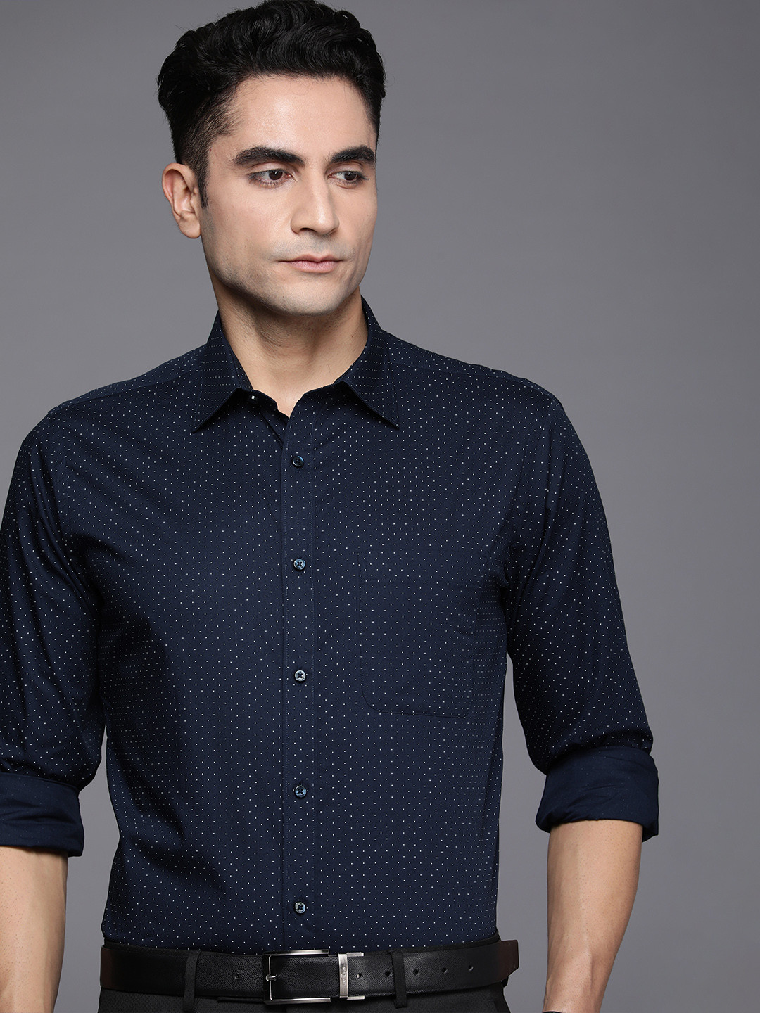Raymond Men Navy Blue And White Slim Fit Micro Ditsy Printed Pure Cotton Formal Shirt