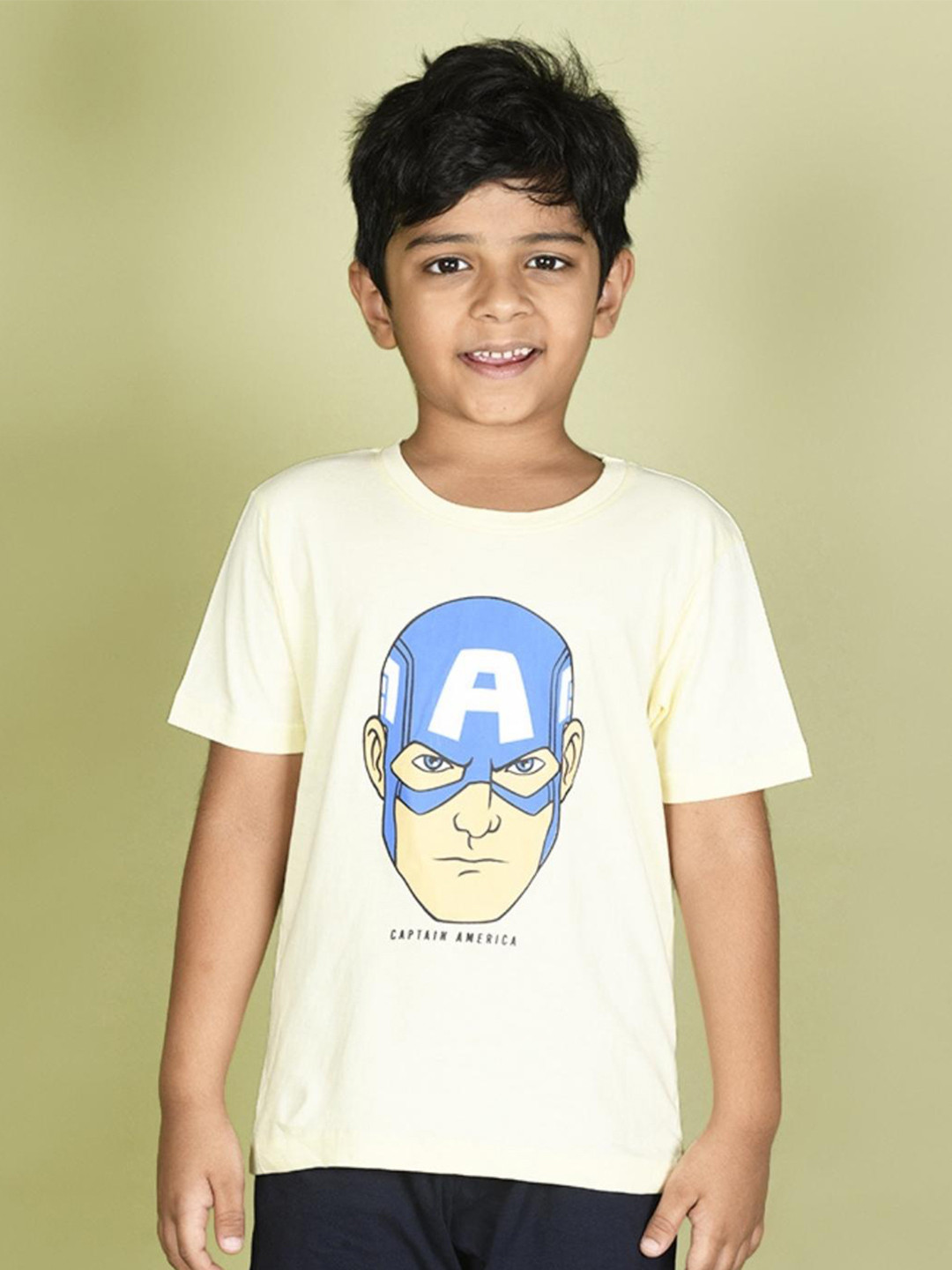 Nap Chief Kids Yellow Typography Captain America Printed Pure Cotton Slim Fit T-shirt