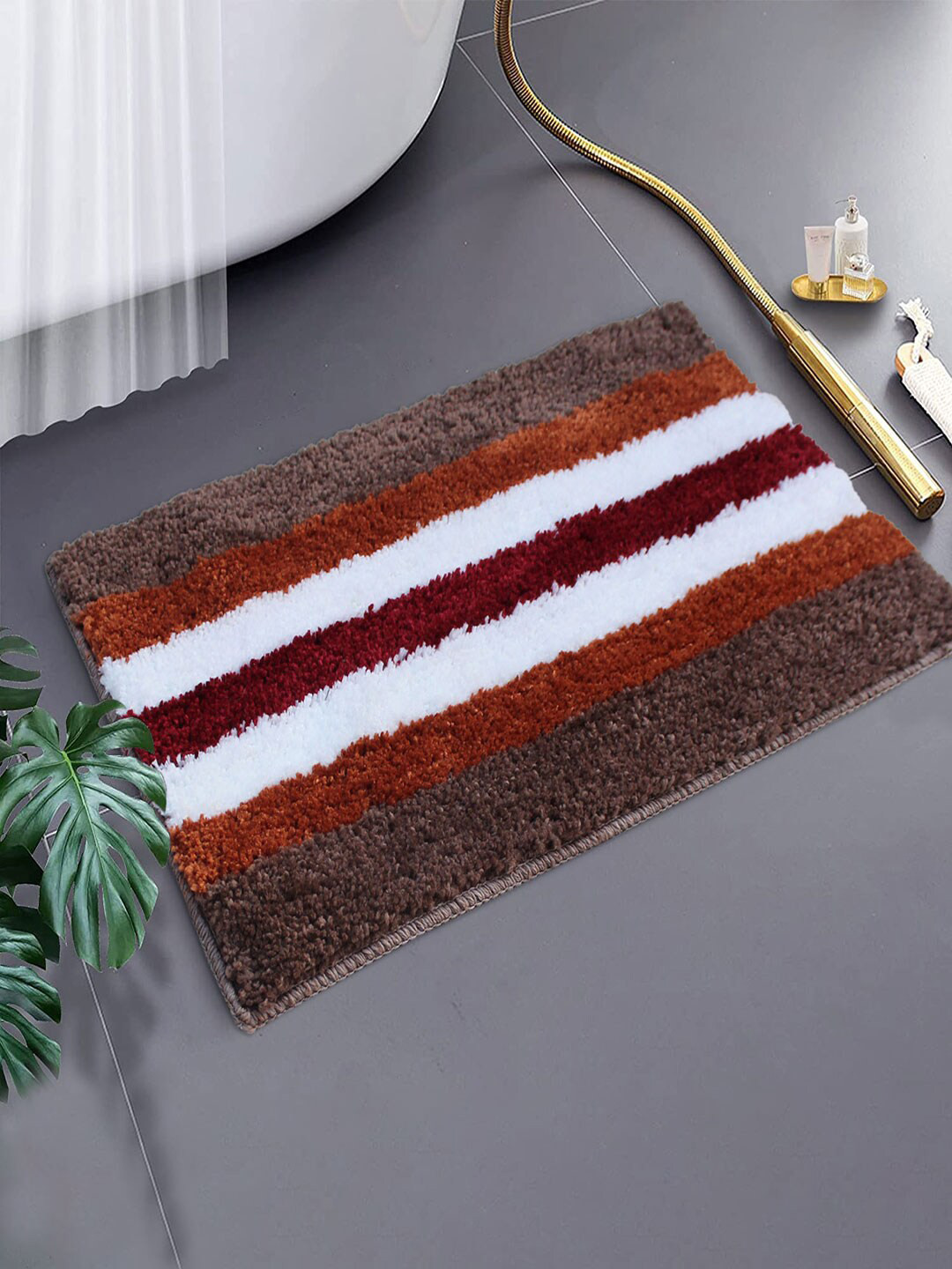 LUXEHOME INTERNATIONAL Brown Striped Anti Skid Turkey Bath Mat
