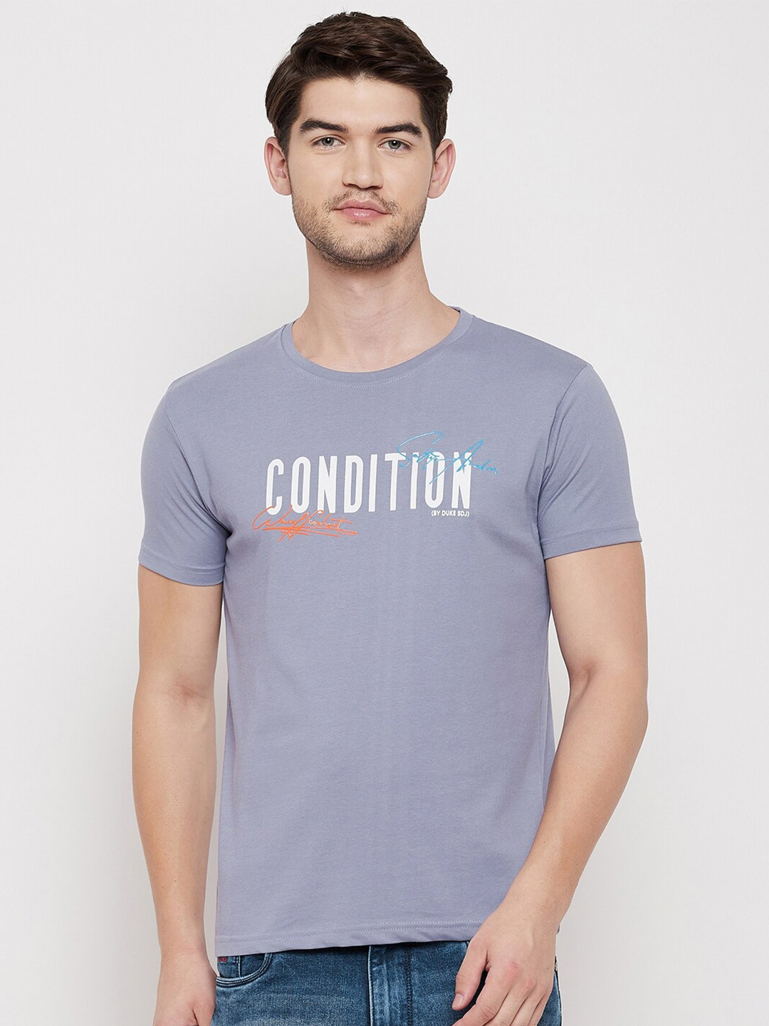 Duke Men Purple & pink sand Typography Printed Applique Slim Fit T-shirt