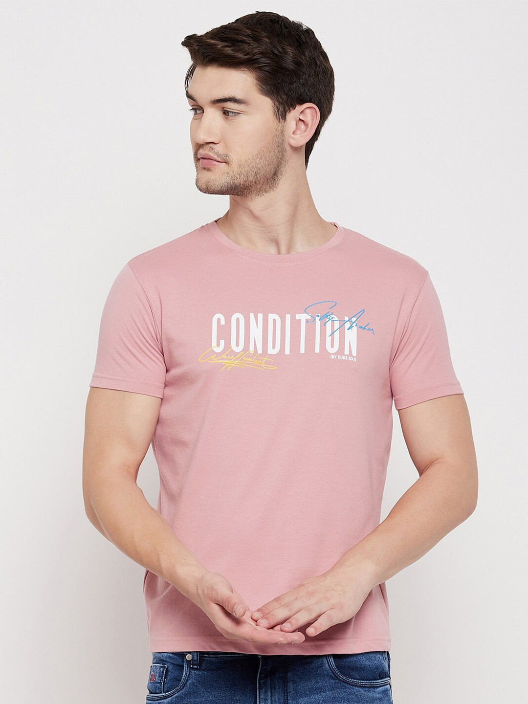 Duke Men Pink & pale chestnut Typography Printed Applique Slim Fit T-shirt