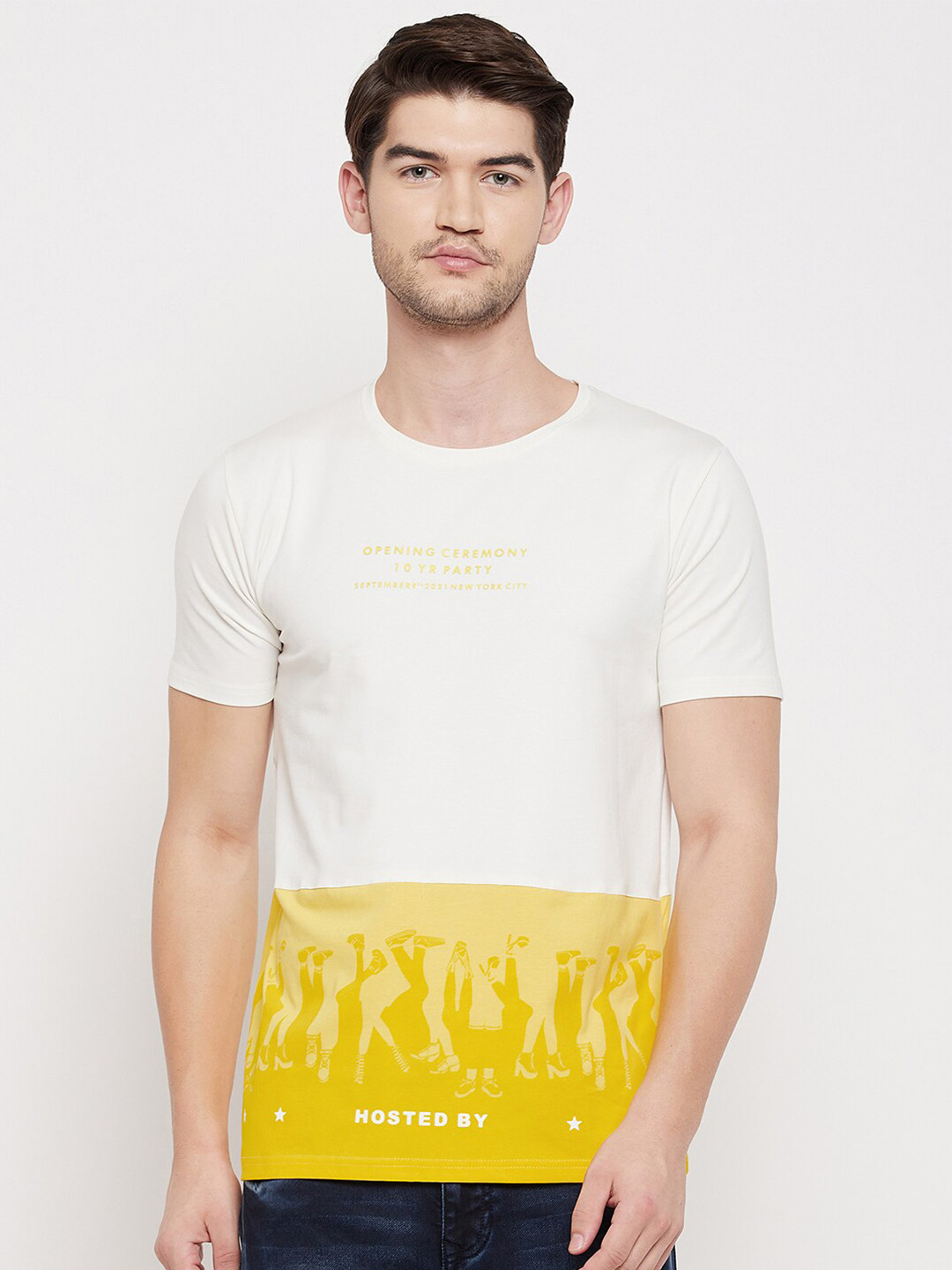 Duke Men Yellow & star white Typography Printed Applique Slim Fit T-shirt