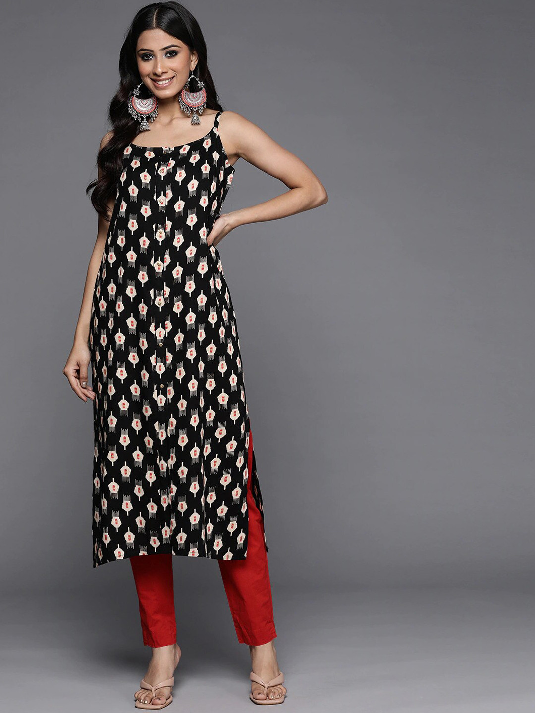 KSUT Women Black & vampire black Ethnic Motifs Printed Cold-Shoulder Sleeves Thread Work Quirky Kurta