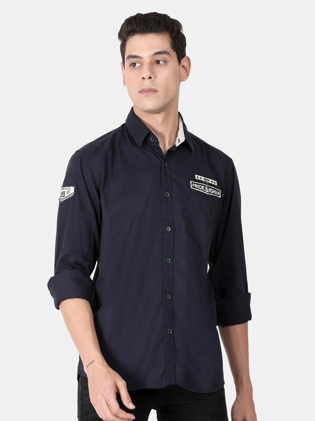 t-base Men Navy Blue Standard Casual Shirt