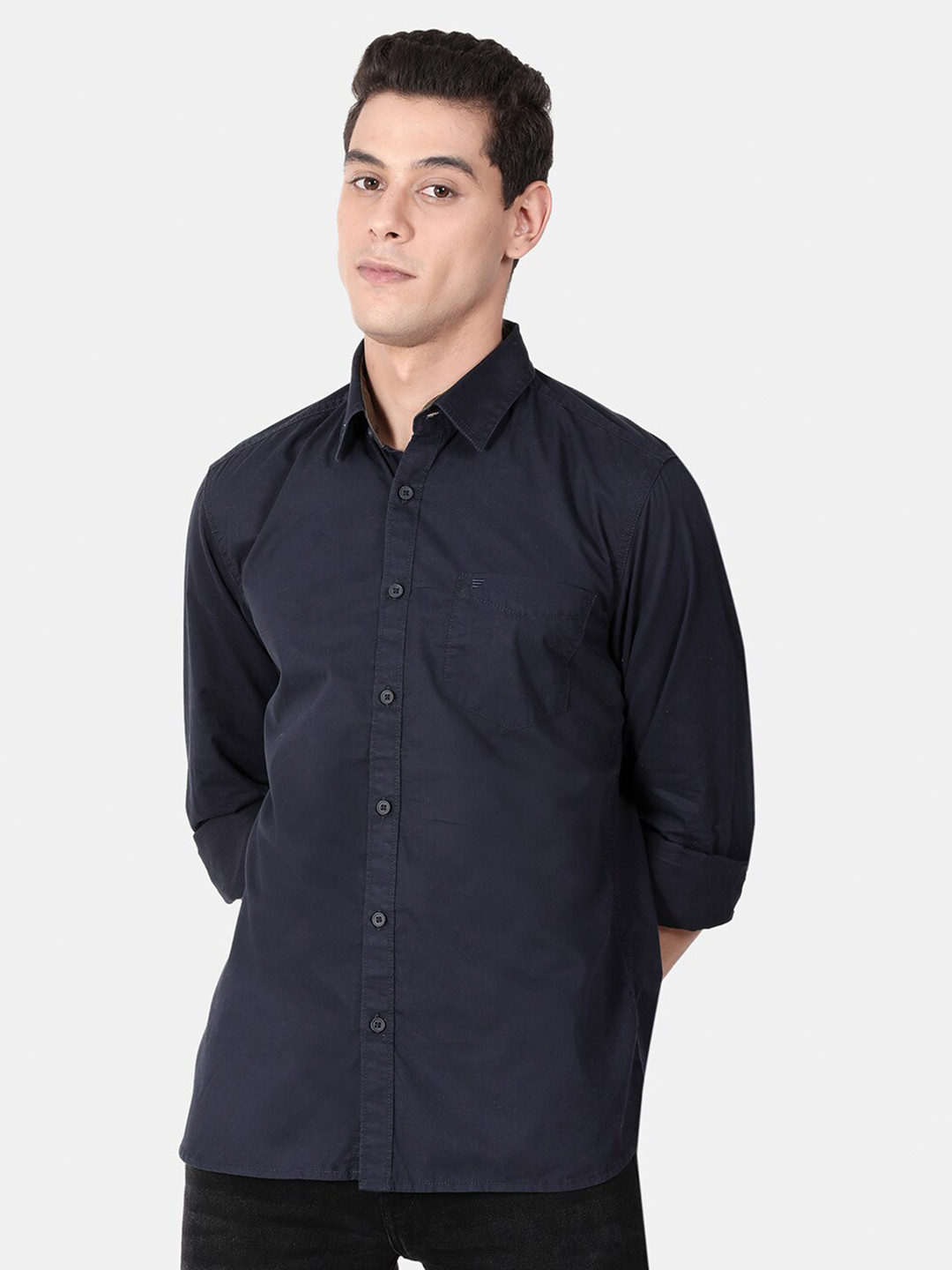 t-base Men Navy Blue Standard Casual Shirt