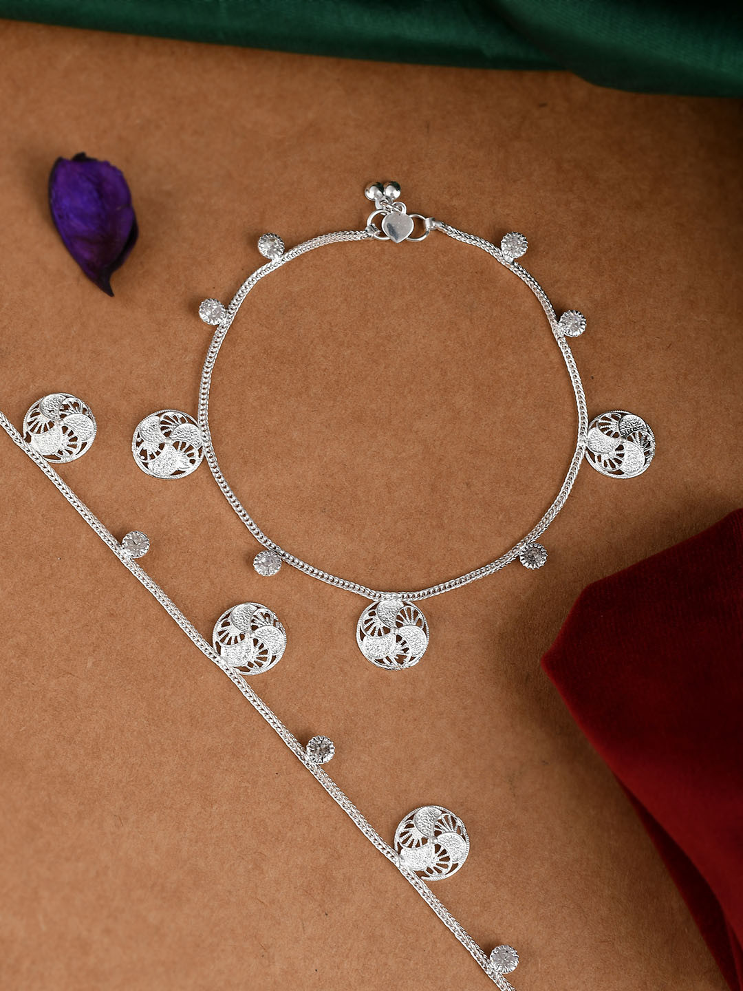 Silvermerc Designs Set Of 2 Silver-Plated Stone Studded Traditional Ethnic Anklet