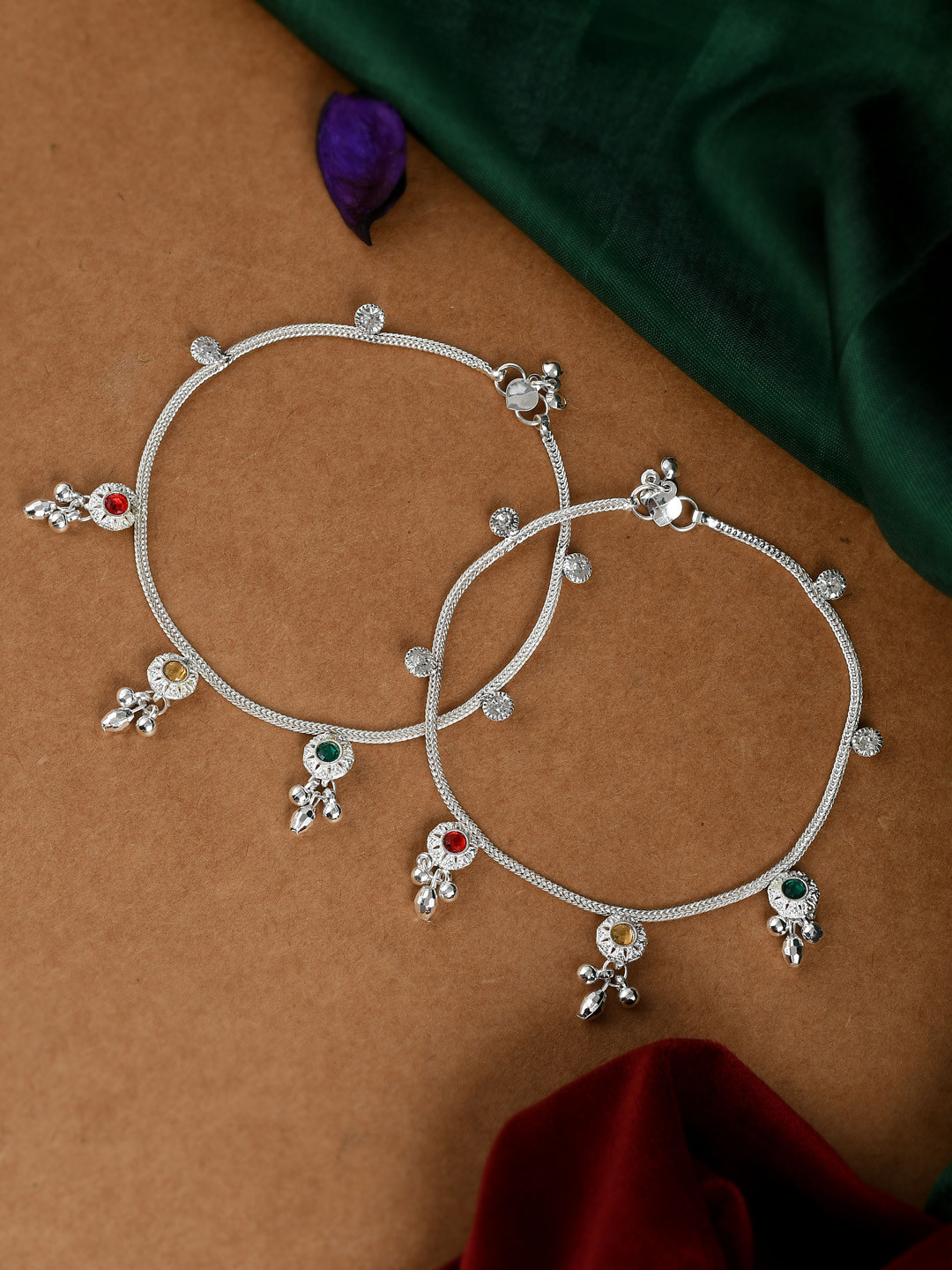 Silvermerc Designs Women Set Of 2  Silver-Plated Red & Yellow Stone-Studded & Beaded Tasselled Anklets
