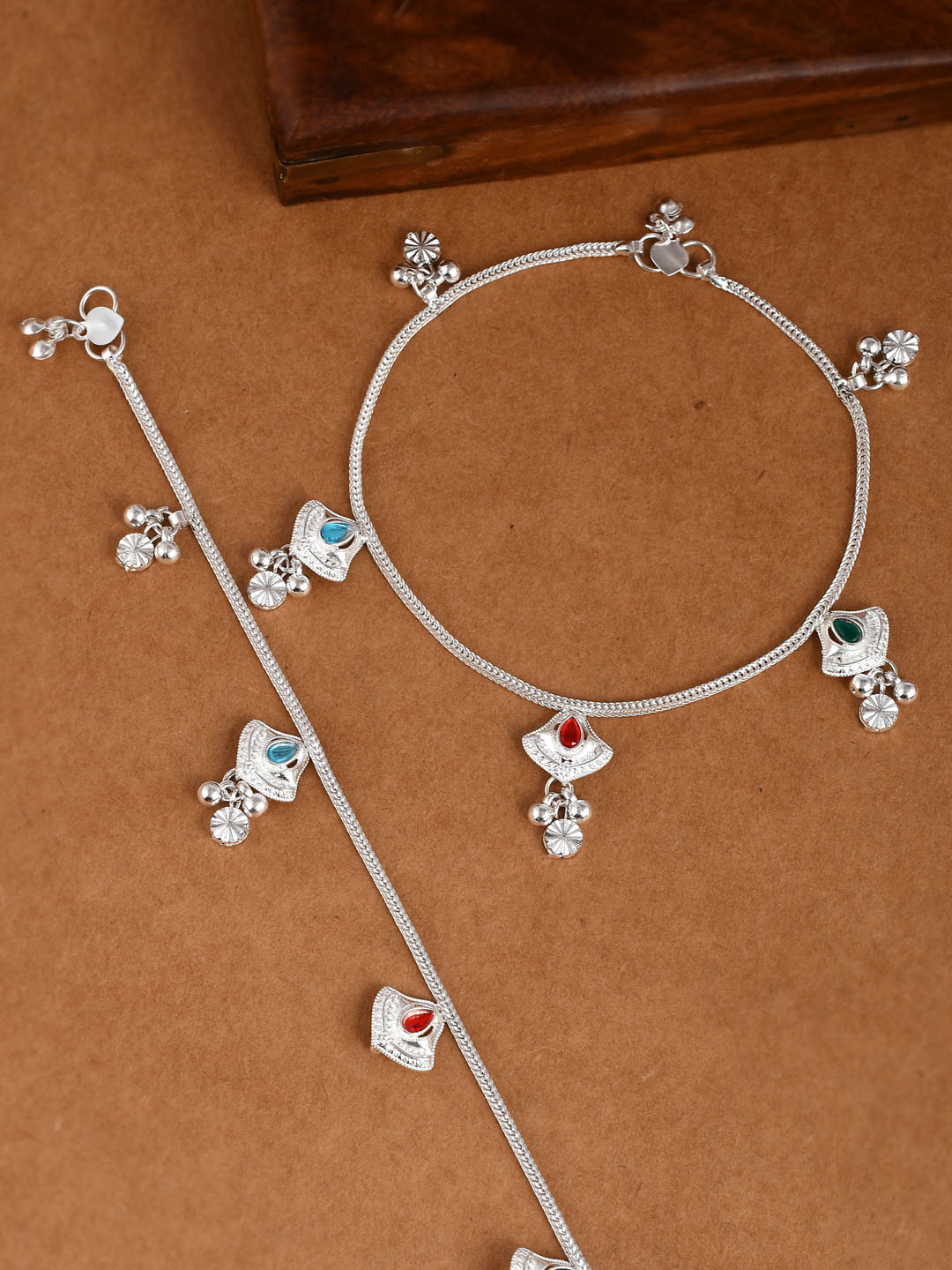 Silvermerc Designs Set Of 2  Silver-Plated Red & Green Stone-Studded & Beaded Antique Anklets