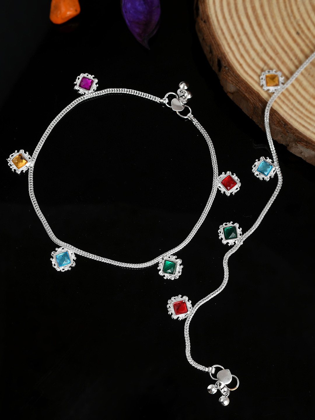 Silvermerc Designs Set Of 2 Silver-Plated Red & Yellow Stone-Studded & Enamelled Beaded Anklets