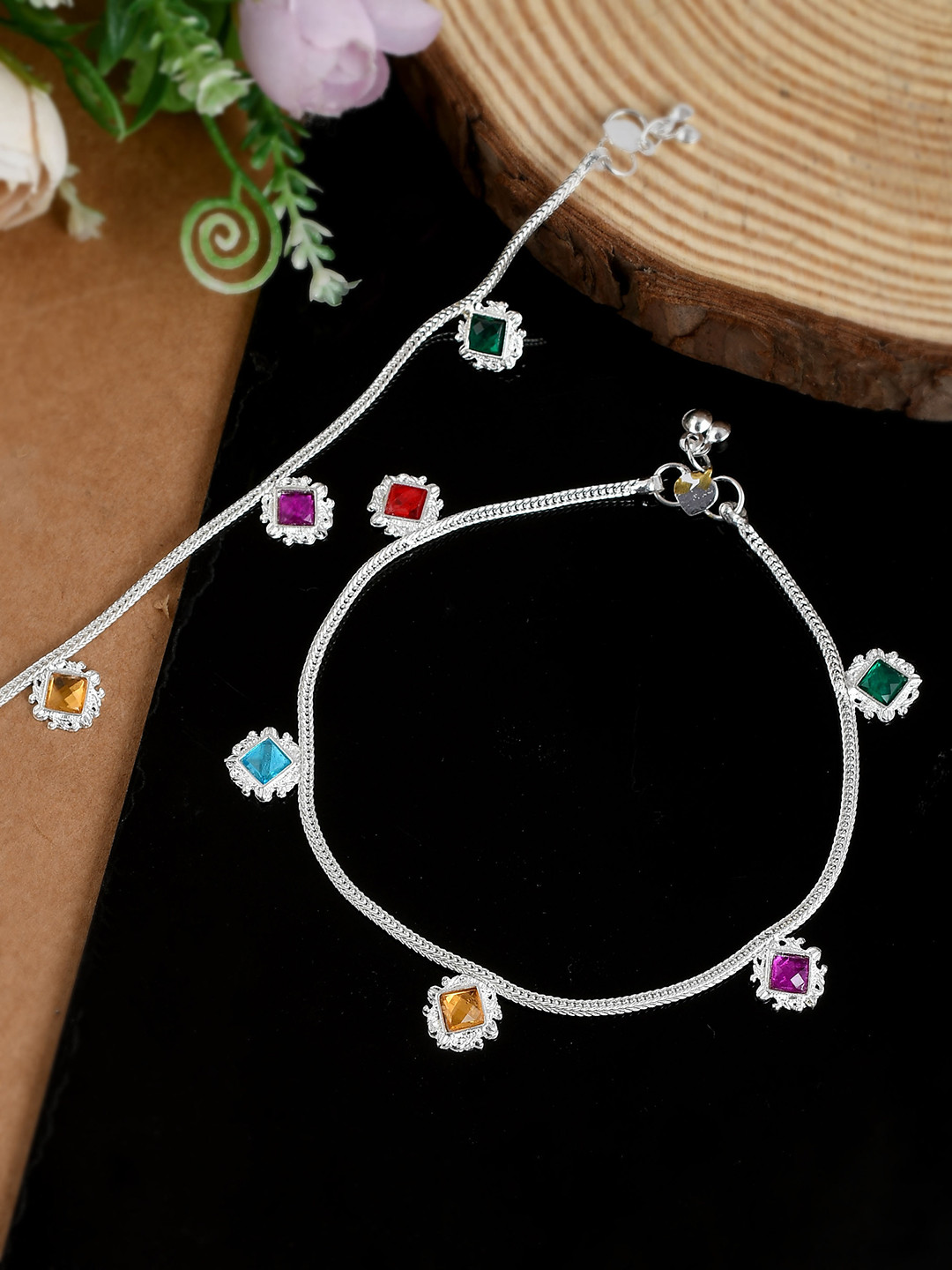 Silvermerc Designs Set Of 2 Silver-Plated Red & Yellow Stone-Studded & Beaded Anklets