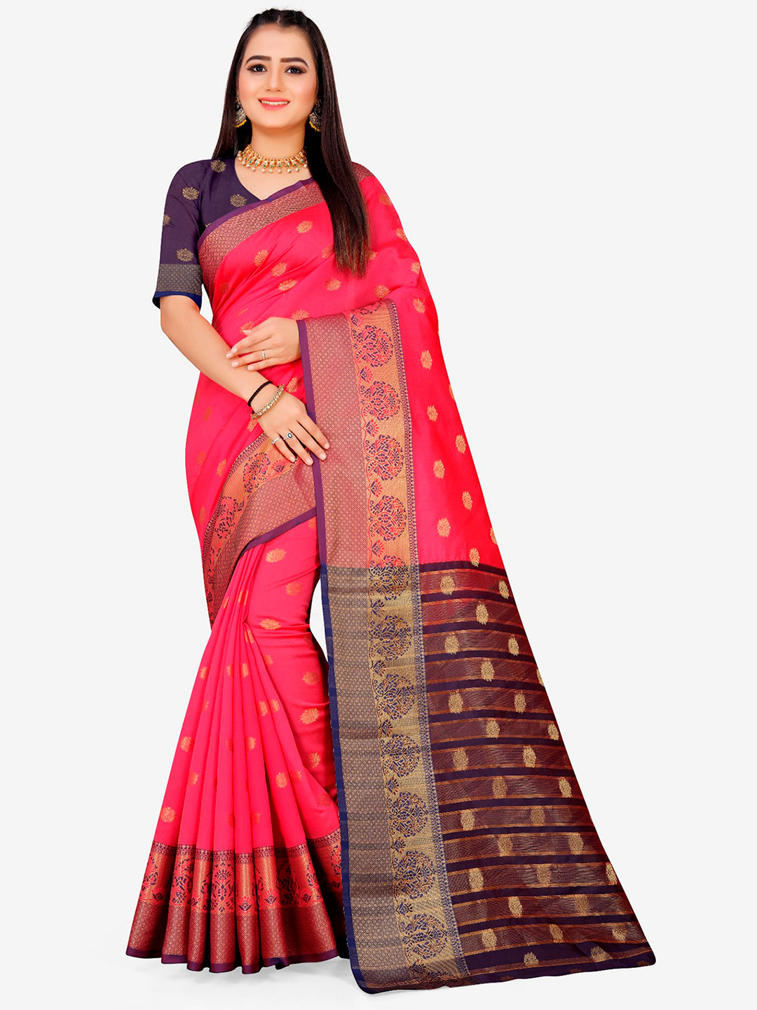 Indian Fashionista Coral & Navy Blue Woven Design Zari Art Silk Half and Half Banarasi Saree