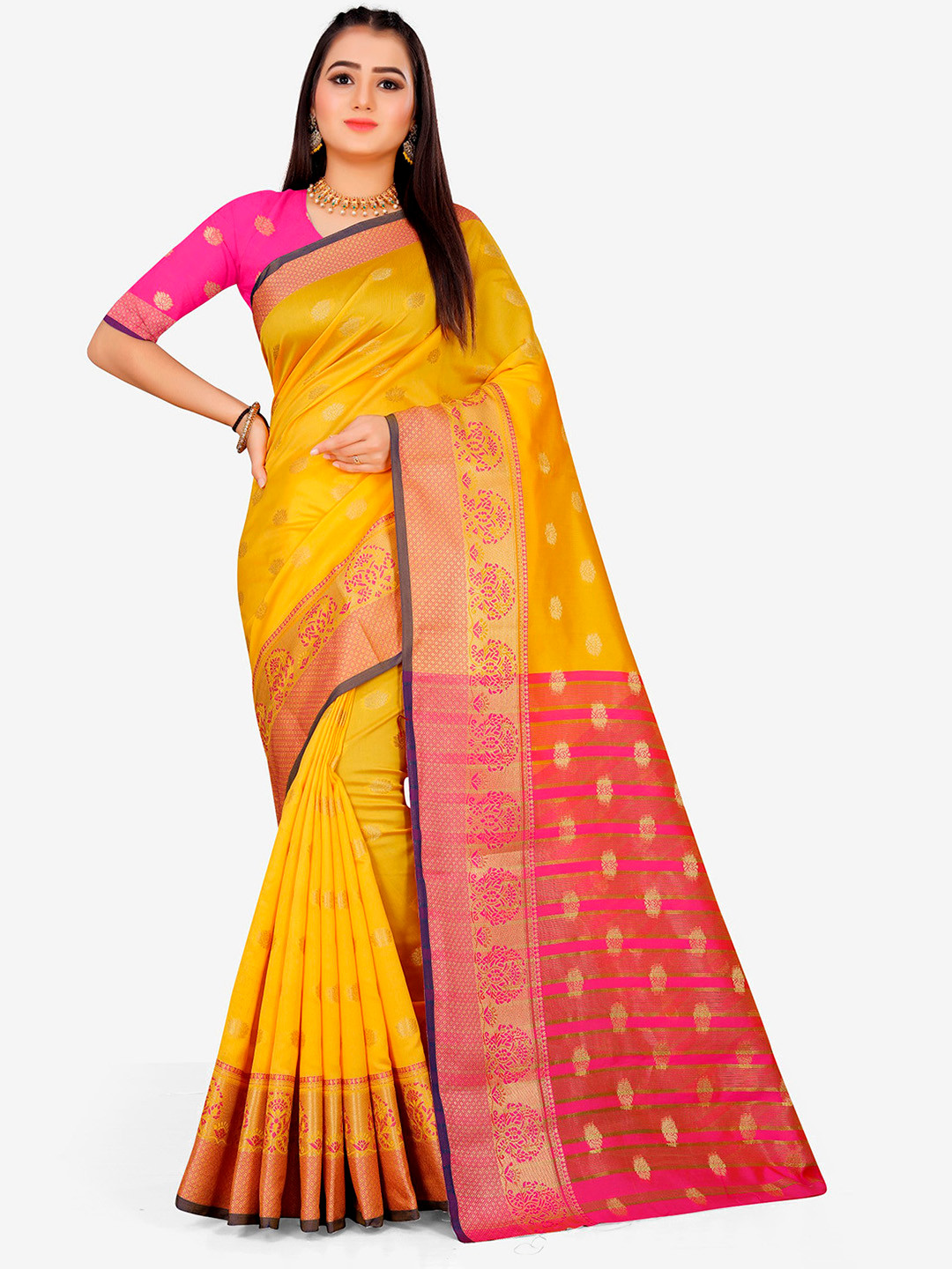 Indian Fashionista Mustard & Pink Woven Design Zari Art Silk Half and Half Banarasi Saree