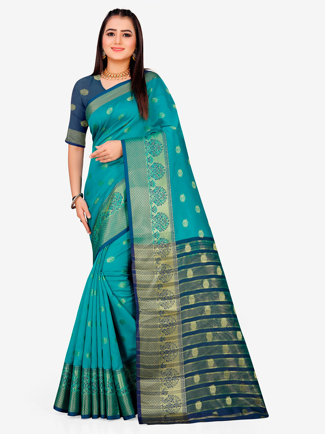 Indian Fashionista Green & Gold-Toned Woven Design Zari Art Silk Banarasi Saree