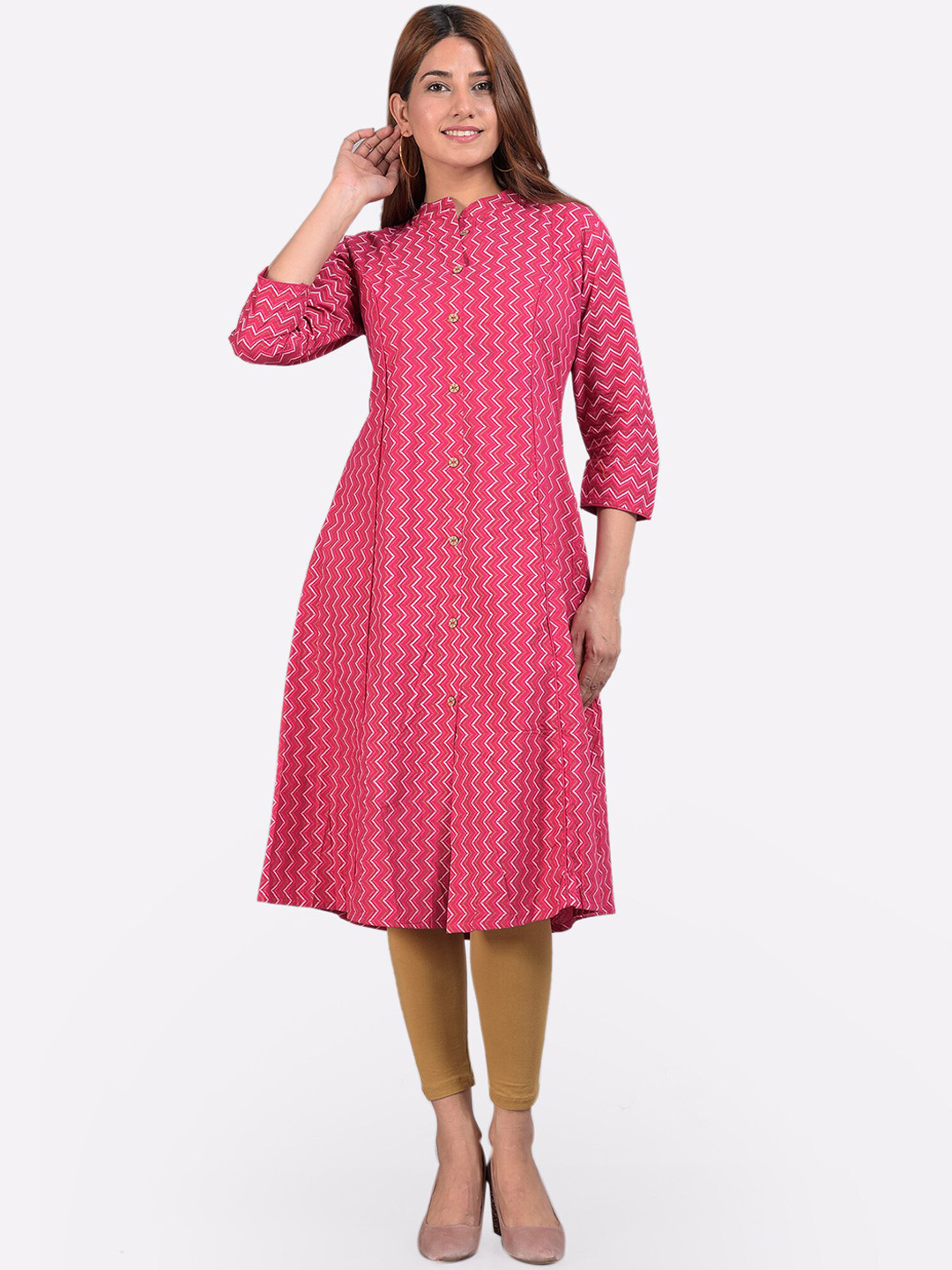 KALINI Women Pink & razzmatazz Ethnic Motifs Printed Thread Work Floral Kurta