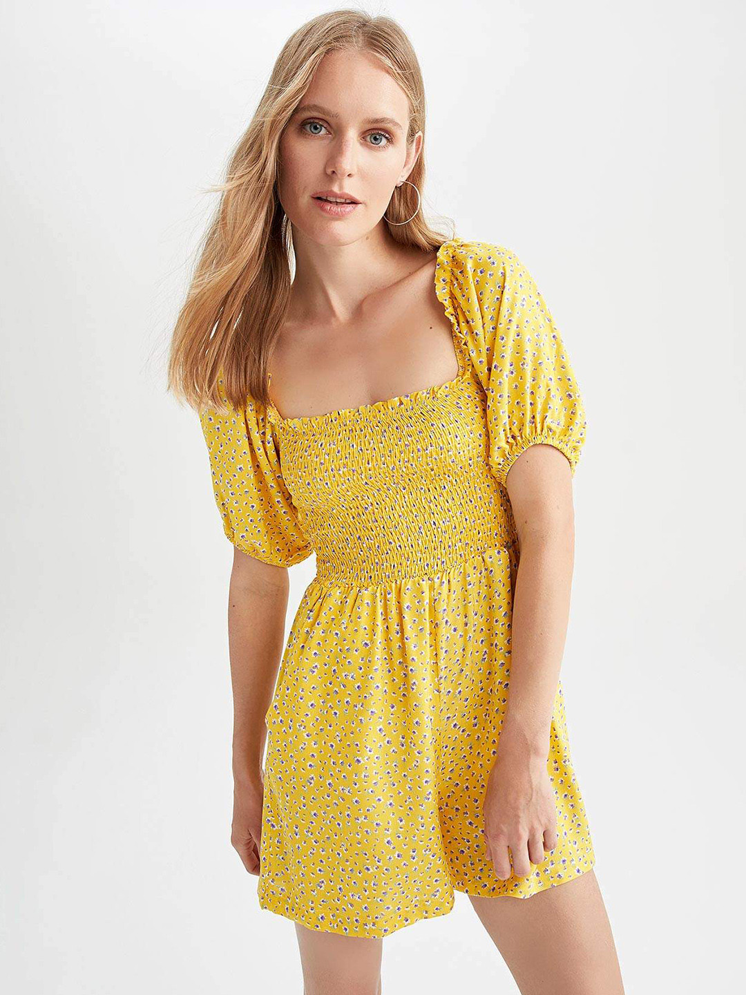 DeFacto Yellow & Purple Floral Printed Smocked Detail Playsuit