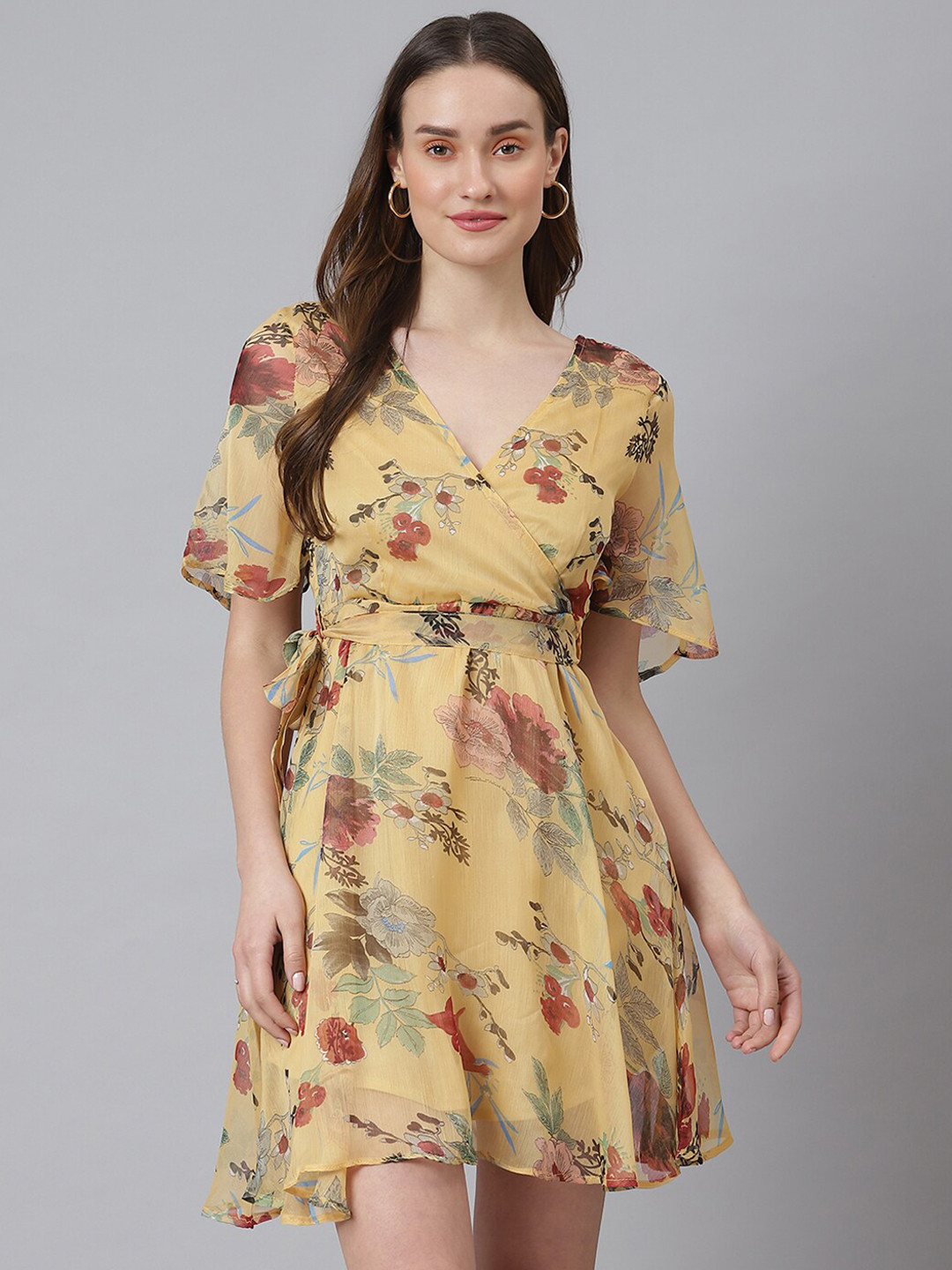 Cation Mustard Yellow Floral Chiffon A-Line Dress