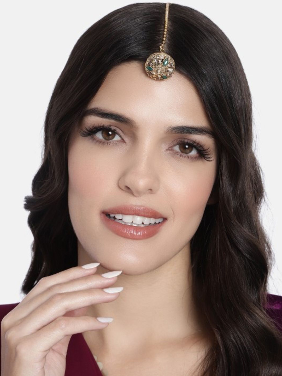 I Jewels Green Gold-Plated Kundan Studded Maang Tika