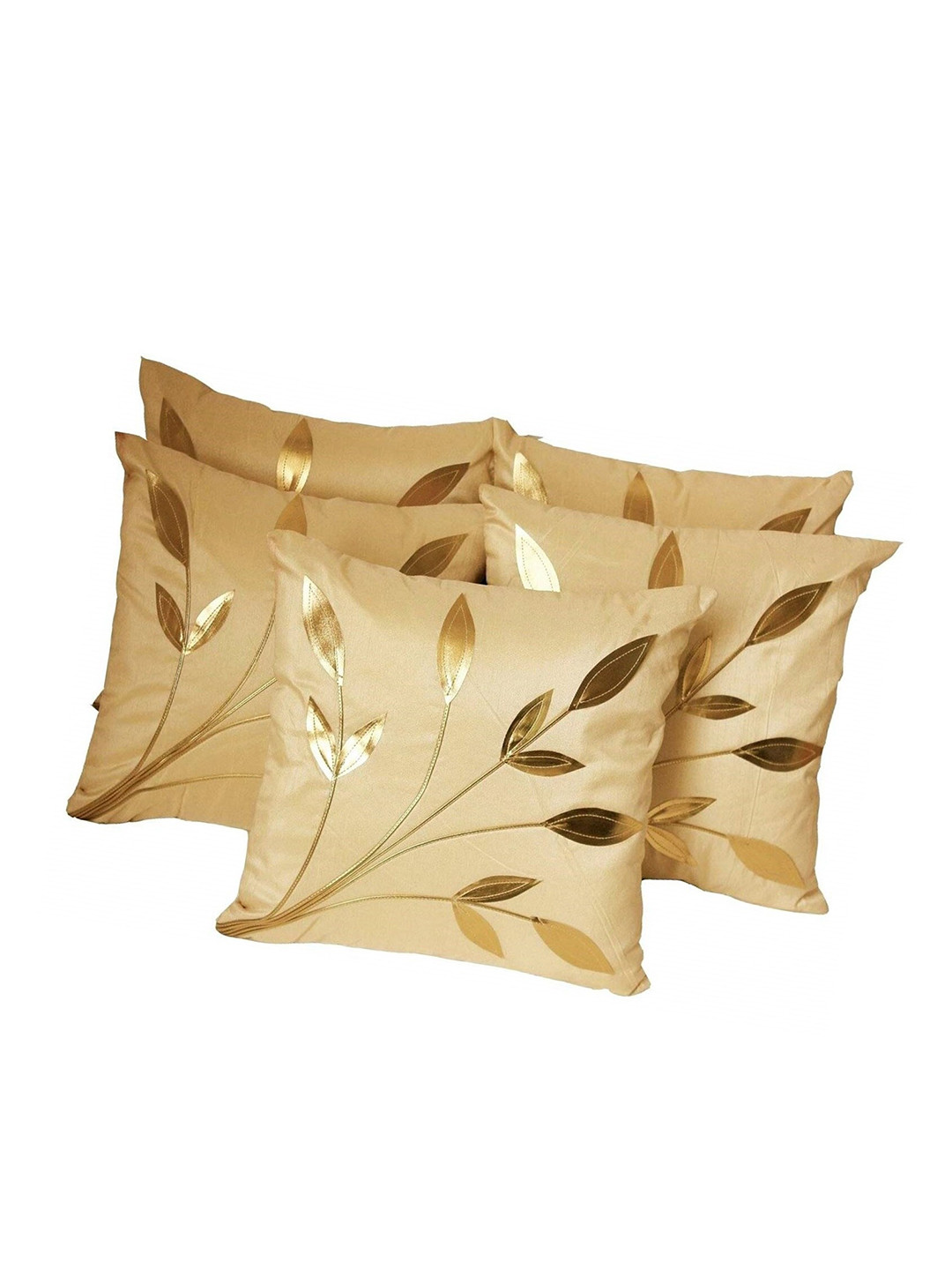 JDX Beige Embellished Cotton Silk Washable 5 Piece Square Cushion Covers - 16 x 16 Inches