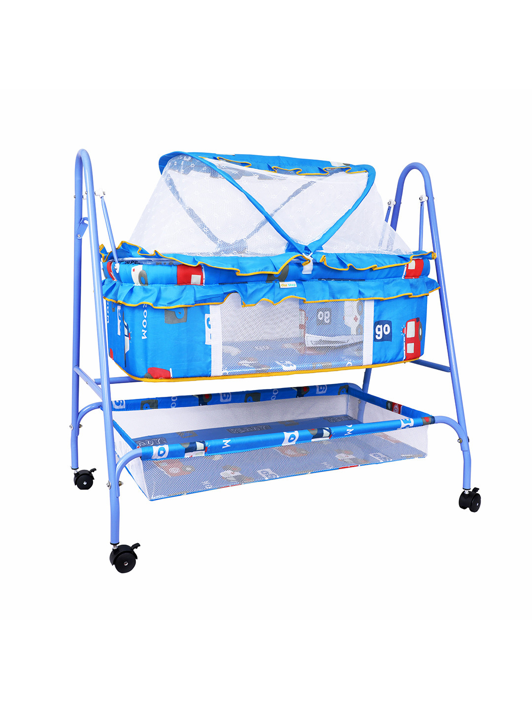 1st Step Infants Blue Printed Bassinet With Swing And Mosquito Net